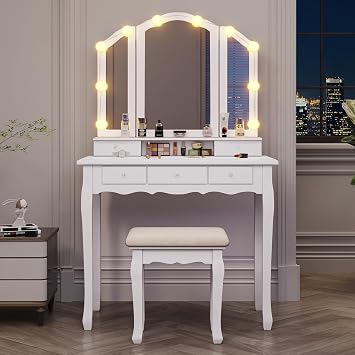 Tiptiper Vanity Table Set with Lighted Tri-Folding Mirror, Makeup Vanity with Lights & 3 Color Lighting Modes, Vanity Desk with Mirror and Cushioned Stool, Makeup Table with 5 Drawers, White
