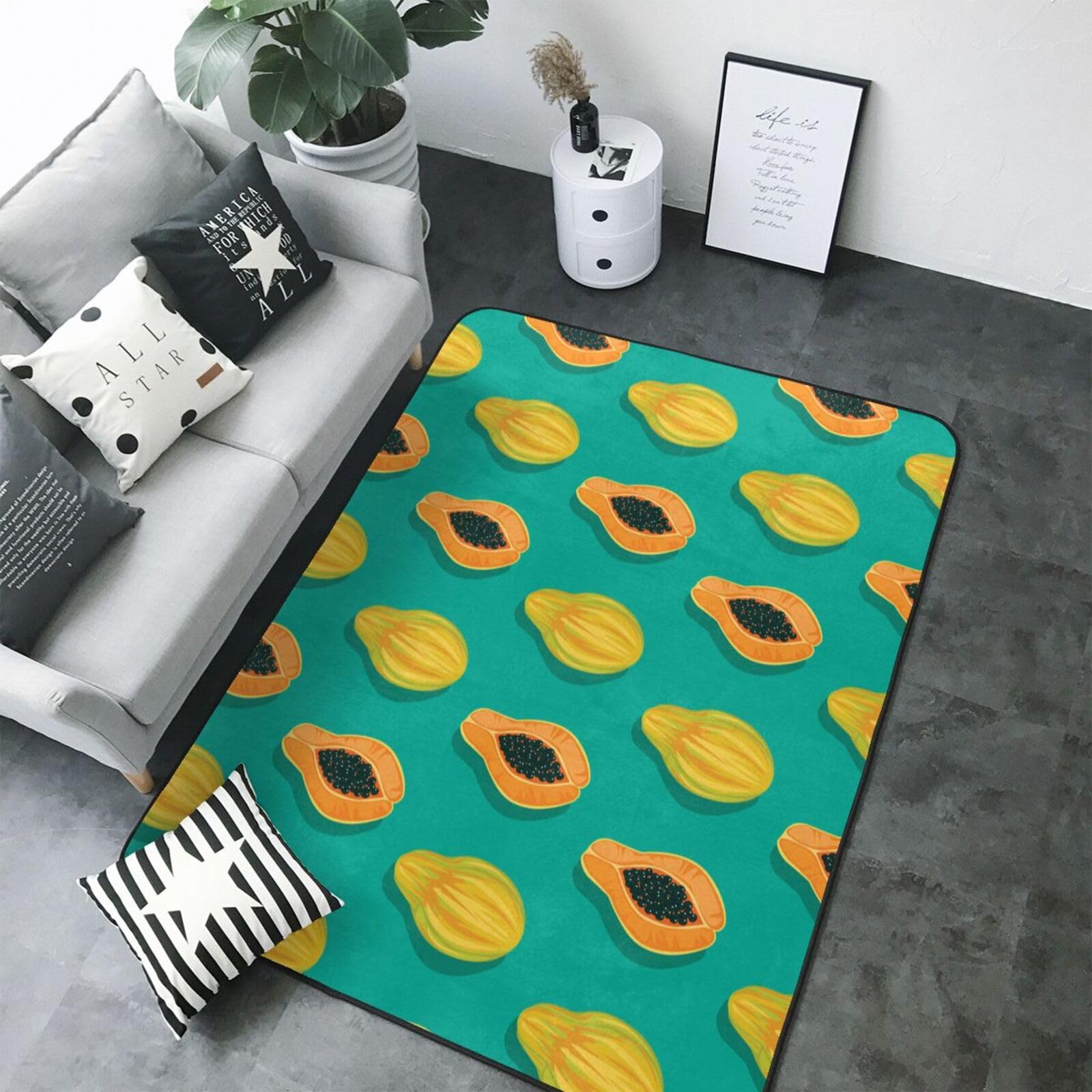 Tapis grand format lavable motif papaye doux pour salon