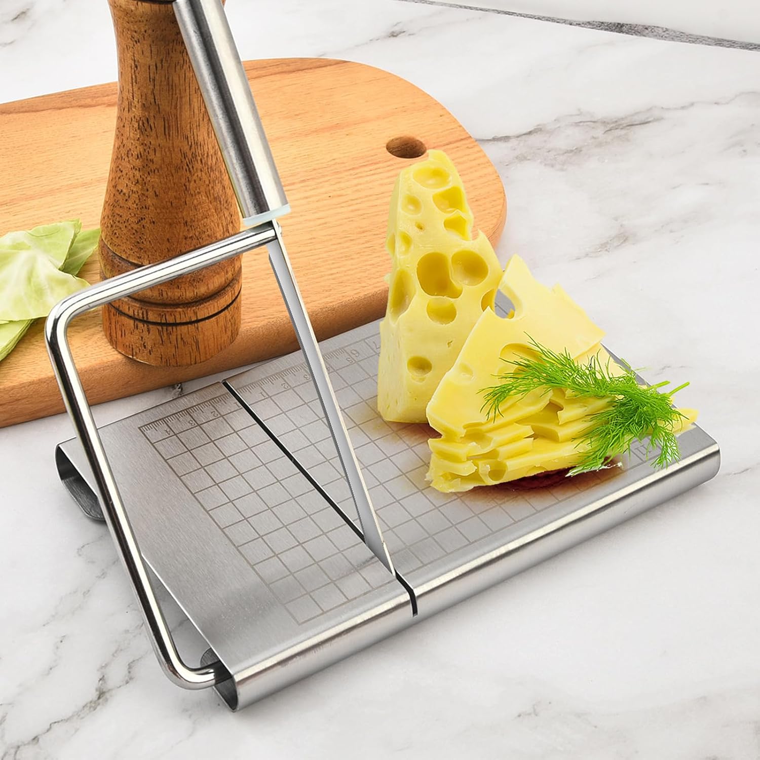 Cheese Slicer Board with Blade, Cheese Cutters for Block Cheese | Stainless Steel Cheese Slicer Cutter with Grid Scale and Anti Slip Rubber Pads for cutting Cheese,Butter,Sausages,Bread
