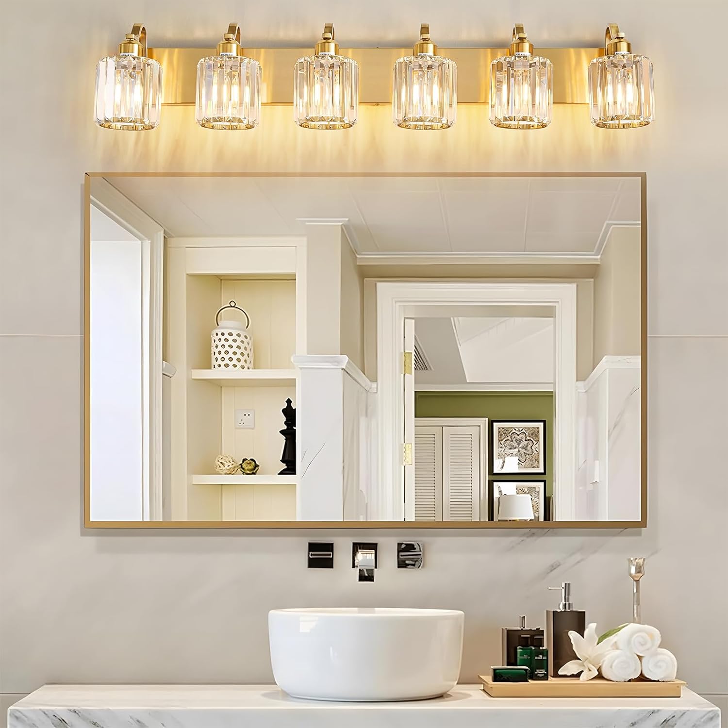 Modern Bathroom Vanity Light 6-Lights Brass Gold Vanity Light Crystal Wall Light Bathroom Light Fixtures with Round Shade (Exclude Bulb)