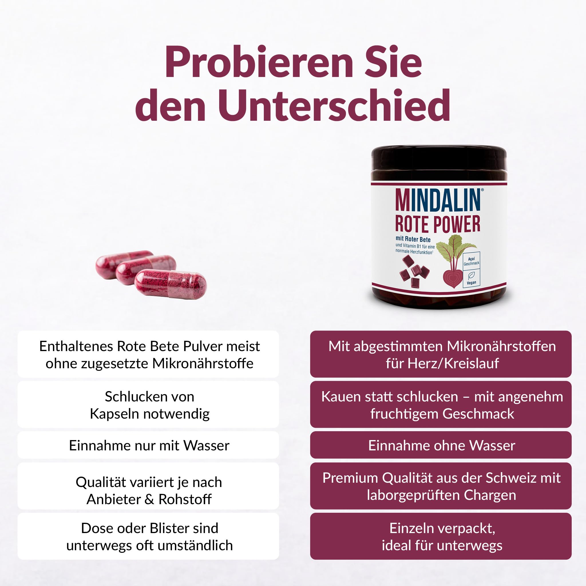 Rote Power [120 Stück] - Rote-Bete-Dragee mit Vitamin B1 für eine normale Herzfunktion*. Laborgeprüft, vegan, gluten- und laktosefrei. Mit fruchtigem Açaí-Geschmack - Made in Switzerland
