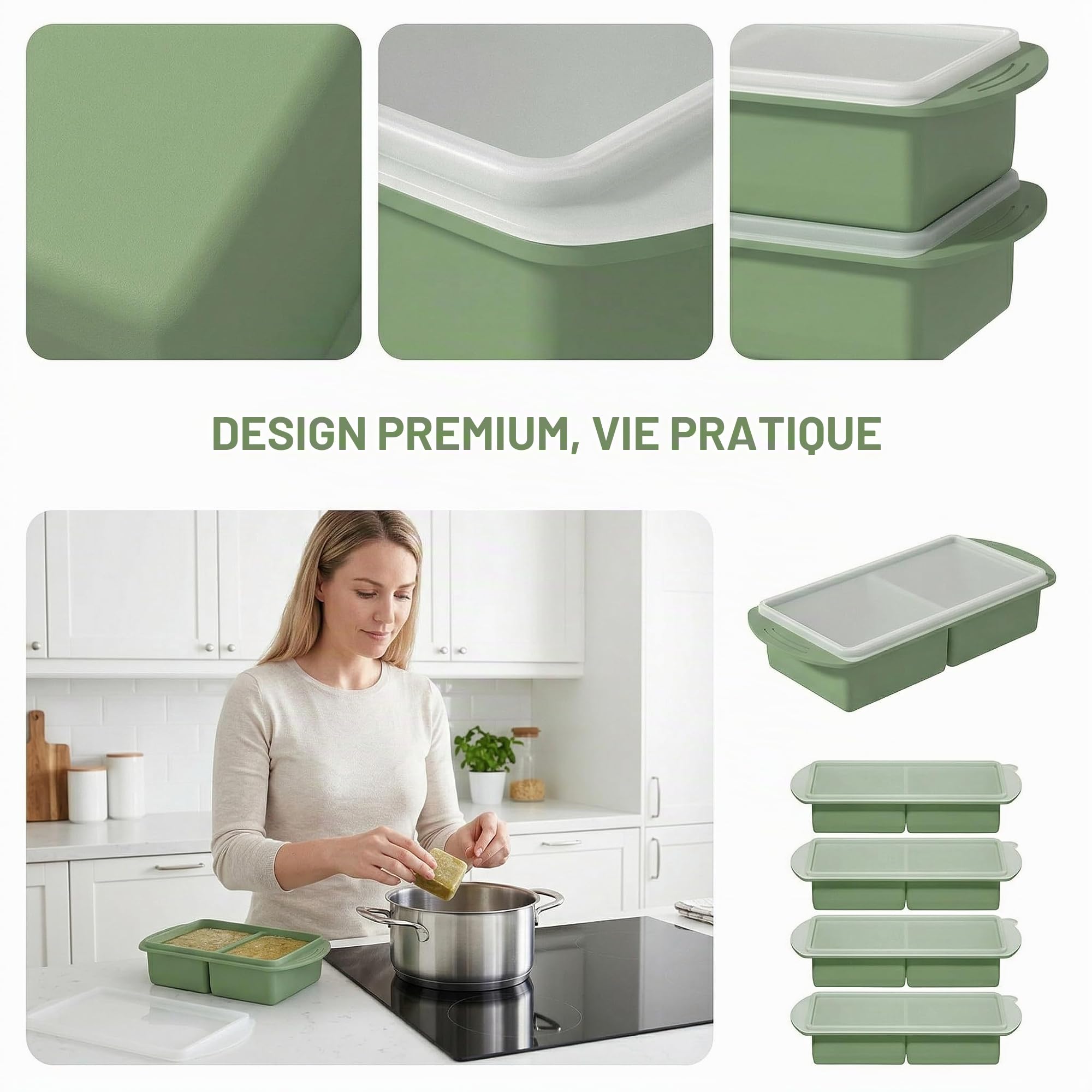 Plateaux de Congélation en Silicone Extra Larges avec Couvercle Lot de 4 | 2 Tasses par Compartiment Pour Congeler Soupes Bouillons et Sauces Facilement