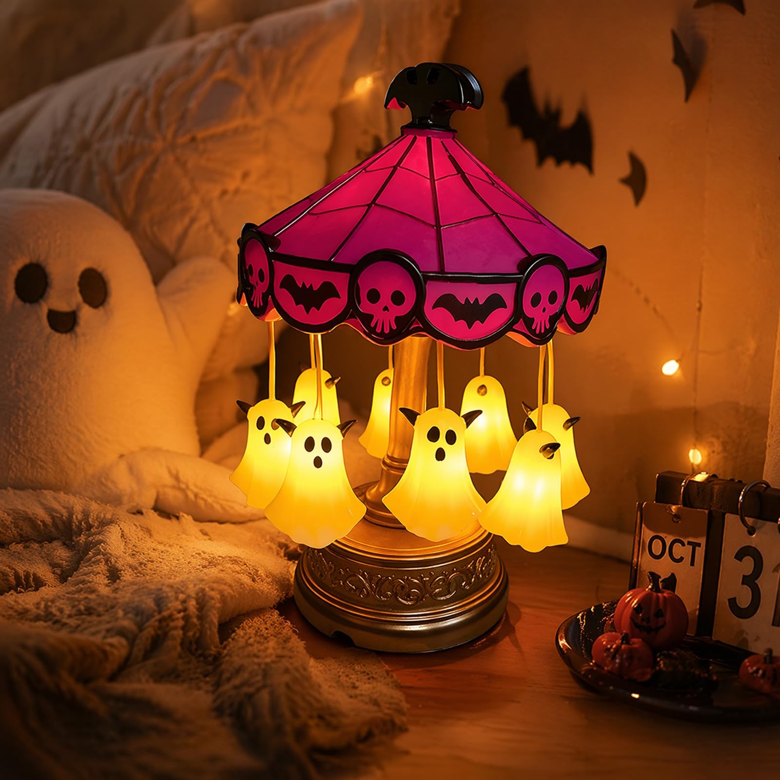 Ghost Carousel Lights, Stained Glass LED Vintage Lamp with Antique Copper Base, Halloween Rechargeable Night Light with Floating Ghosts for Party Decoration Reading (Rotation)