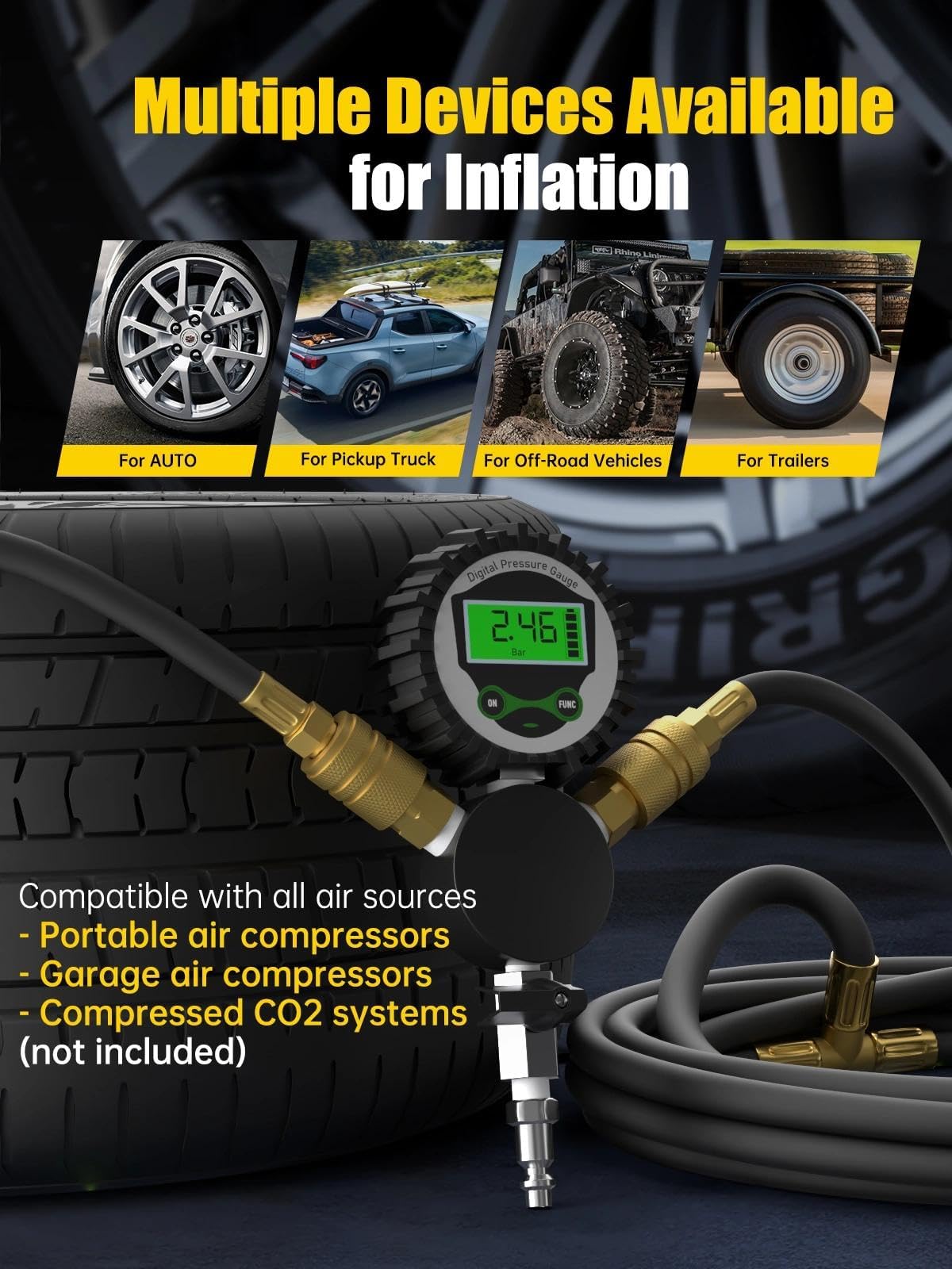 MIKKUPPA 4-Fach Reifenfüller mit Digital Manometer – Gleichzeitiges Aufpumpen & Druckausgleich aller Reifen – 0–200 PSI, LED-Display, Kompatibel mit Kompressoren für Auto, Motorrad & Anhänger