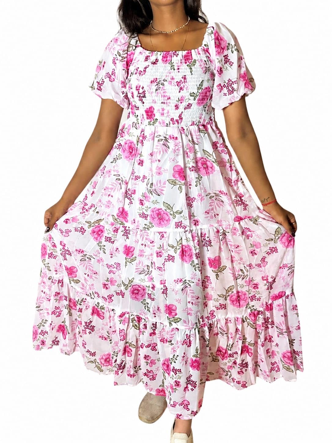 Women's Floral Smocked Dress with Puff Sleeves & Square Neck (in, Alpha, Free Size Regular) White-image-37