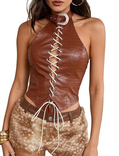 SweatyRocks Women's Western PU Leather Halter Corset Top Criss Cross Deep V Neck Tie Front Crop Tops Concert Outfits - Small - Brown
