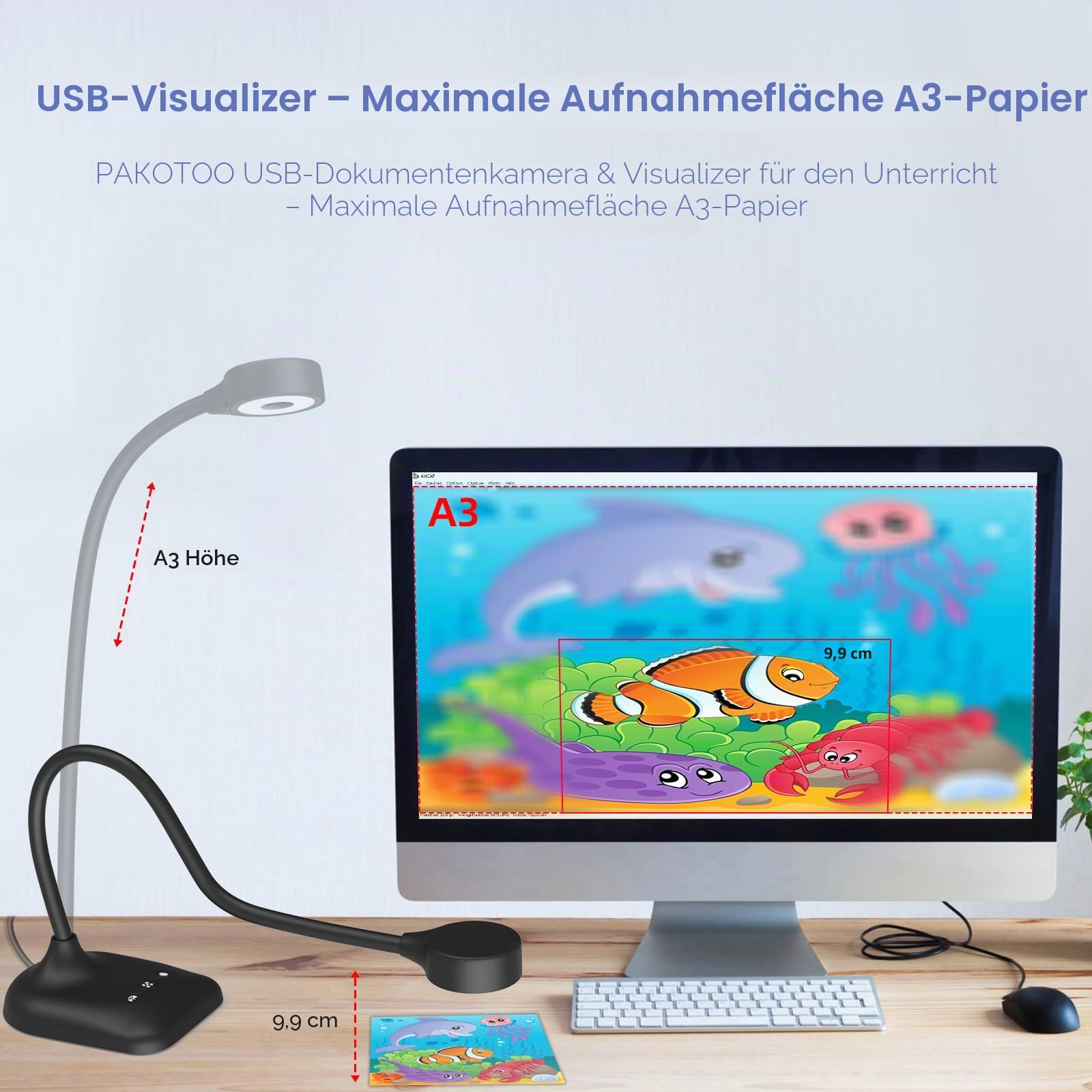 USB Dokumentenkamera & Visualizer Schule im A3-Format, 3-stufige LED-Leuchten, Bildumkehrung, Falten, Dual-Mikrofon mit Zoom, Skype, Teams, OBS. Für Windows, macOS, Linux und Chromebook