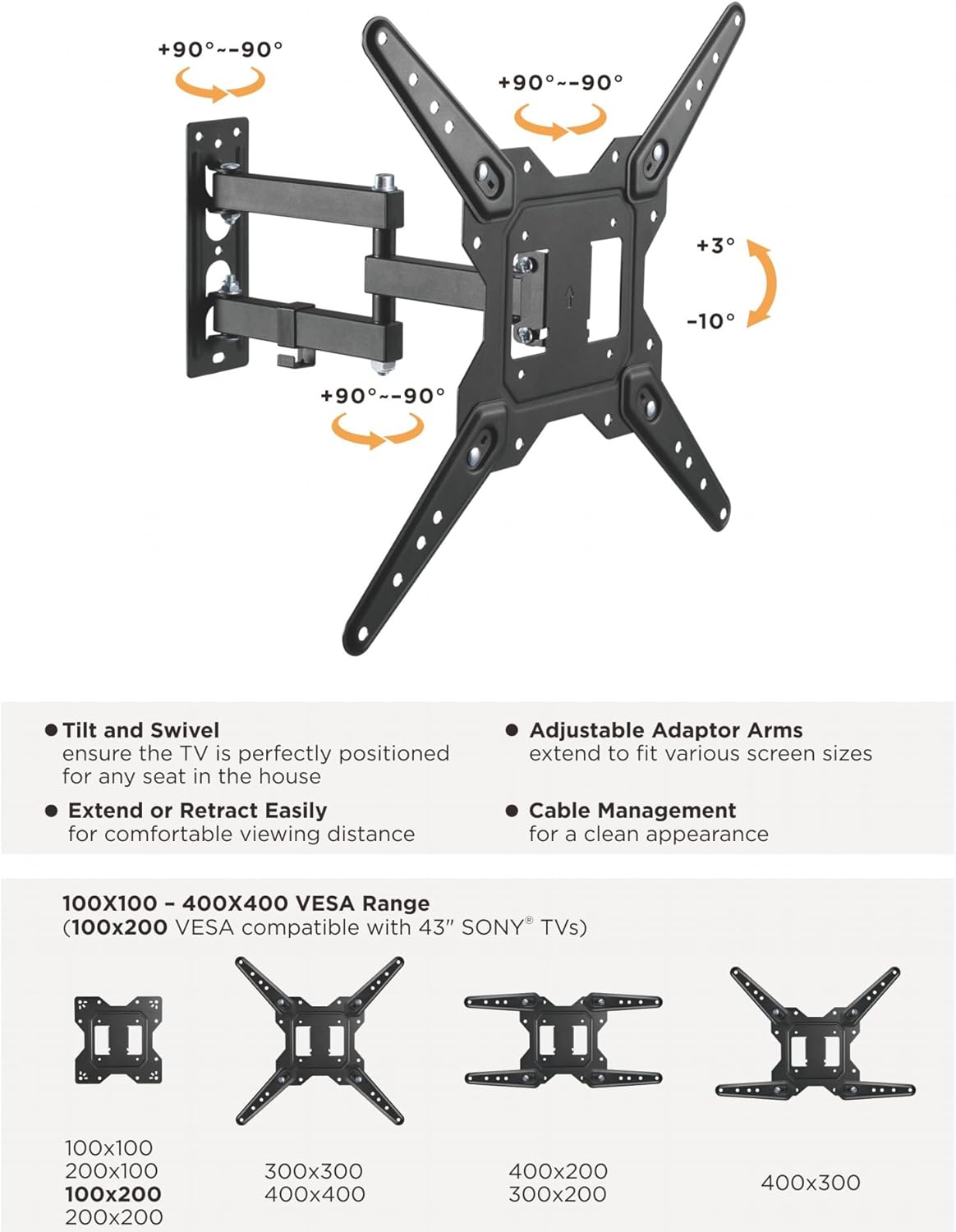 Duramex Full Motion TV Wall Mount Bracket, 23-55 Inch Display, Heavy Duty Steel, VESA 400x400mm, 66 lbs Capacity, Swivel Tilt Articulating Arm