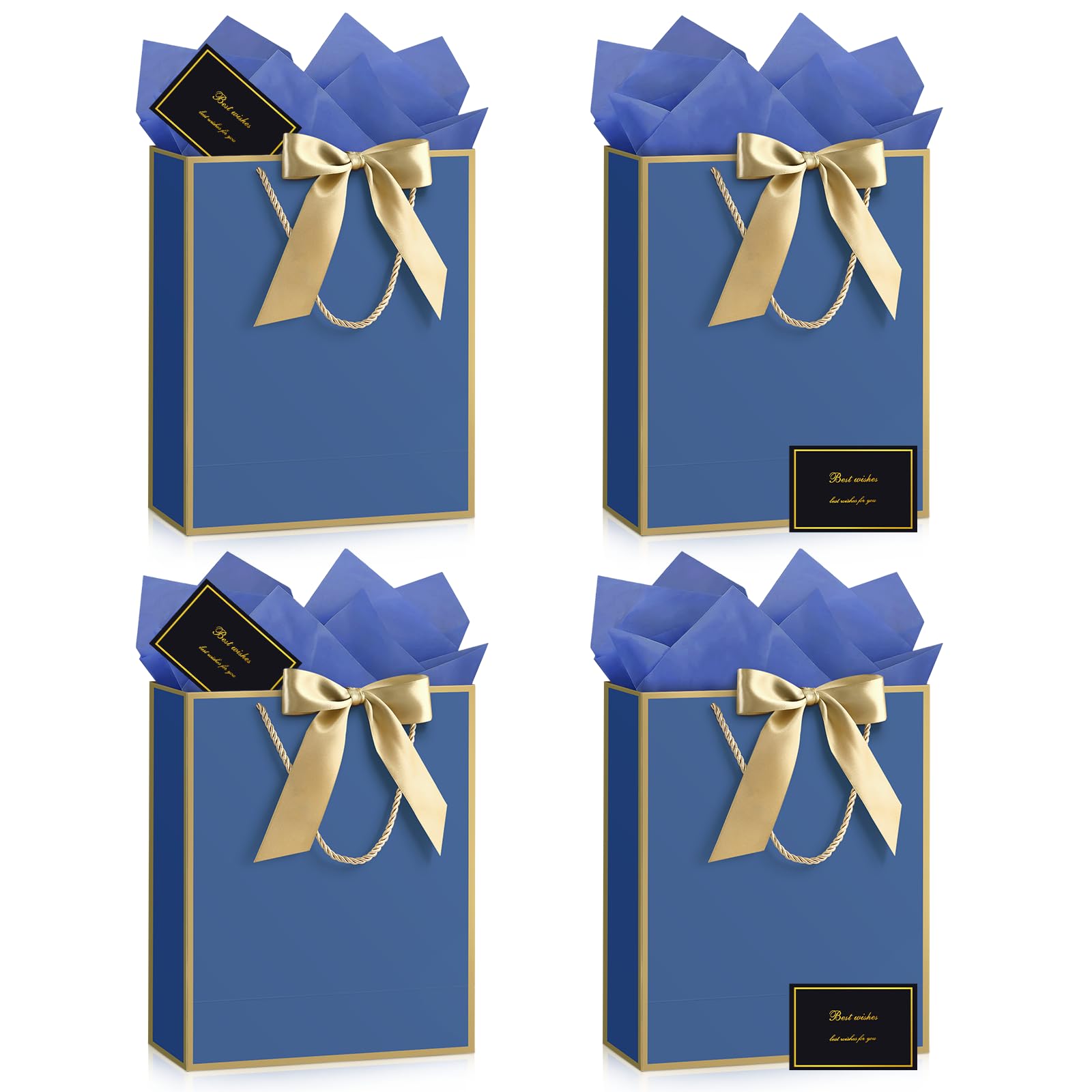 JMANNI Medium Blue Birthday Gift Bags with Tissue Paper &amp; Handles 4-Pack