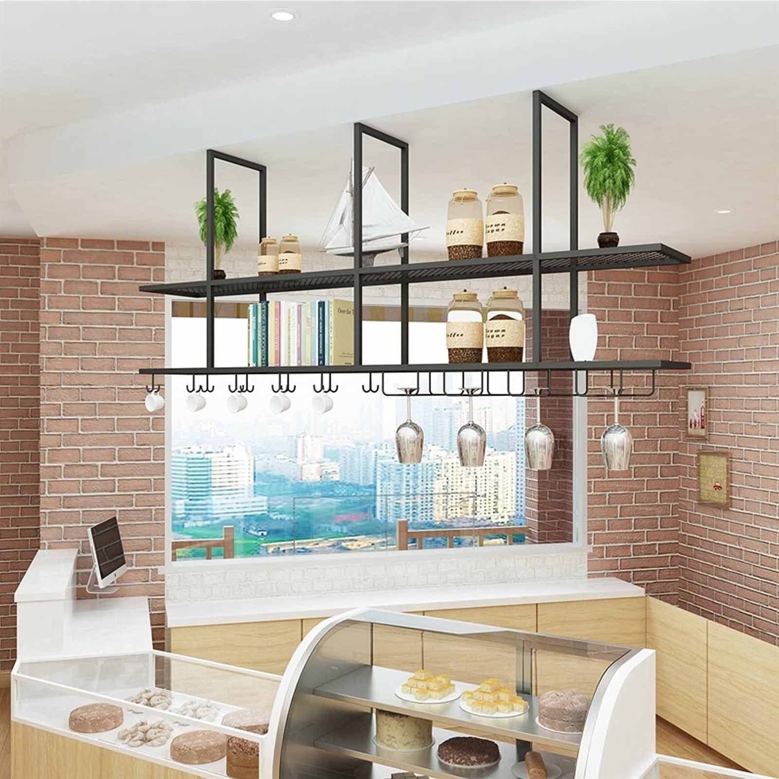 Mensole da soffitto, decorazione da parete, mensola sospesa, supporto per bicchieri da vino in ferro, 2 ripiani in metallo da cucina