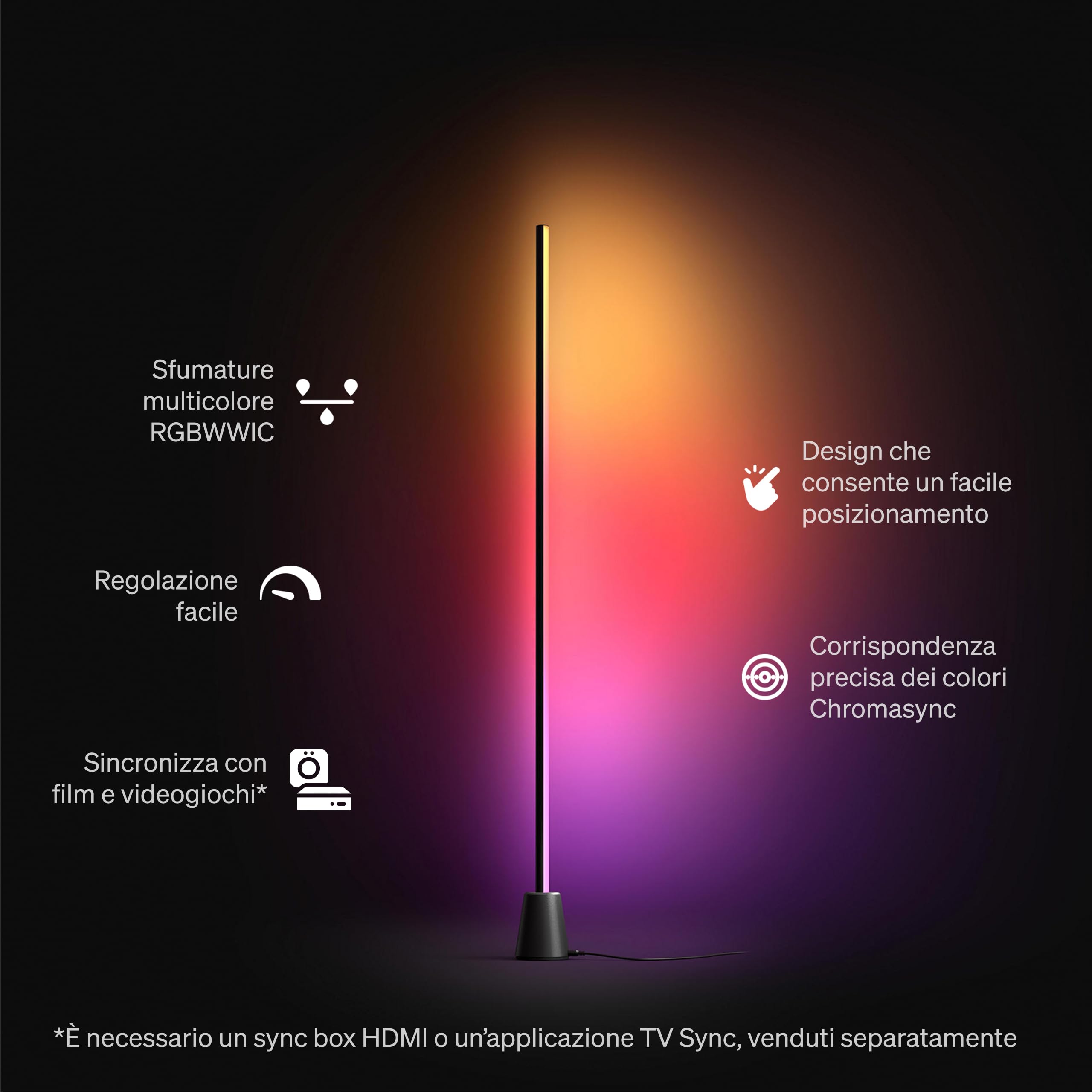 Philips Hue Play Lampada da Terra, LED RGBWWIC, 122 cm, Lampada Soggiorno Moderna, Illuminazione Camera da Letto, Alexa, Google Home, Apple Home, TV Sync, Hue Bridge e Sync Box (Venduti Separatamente)