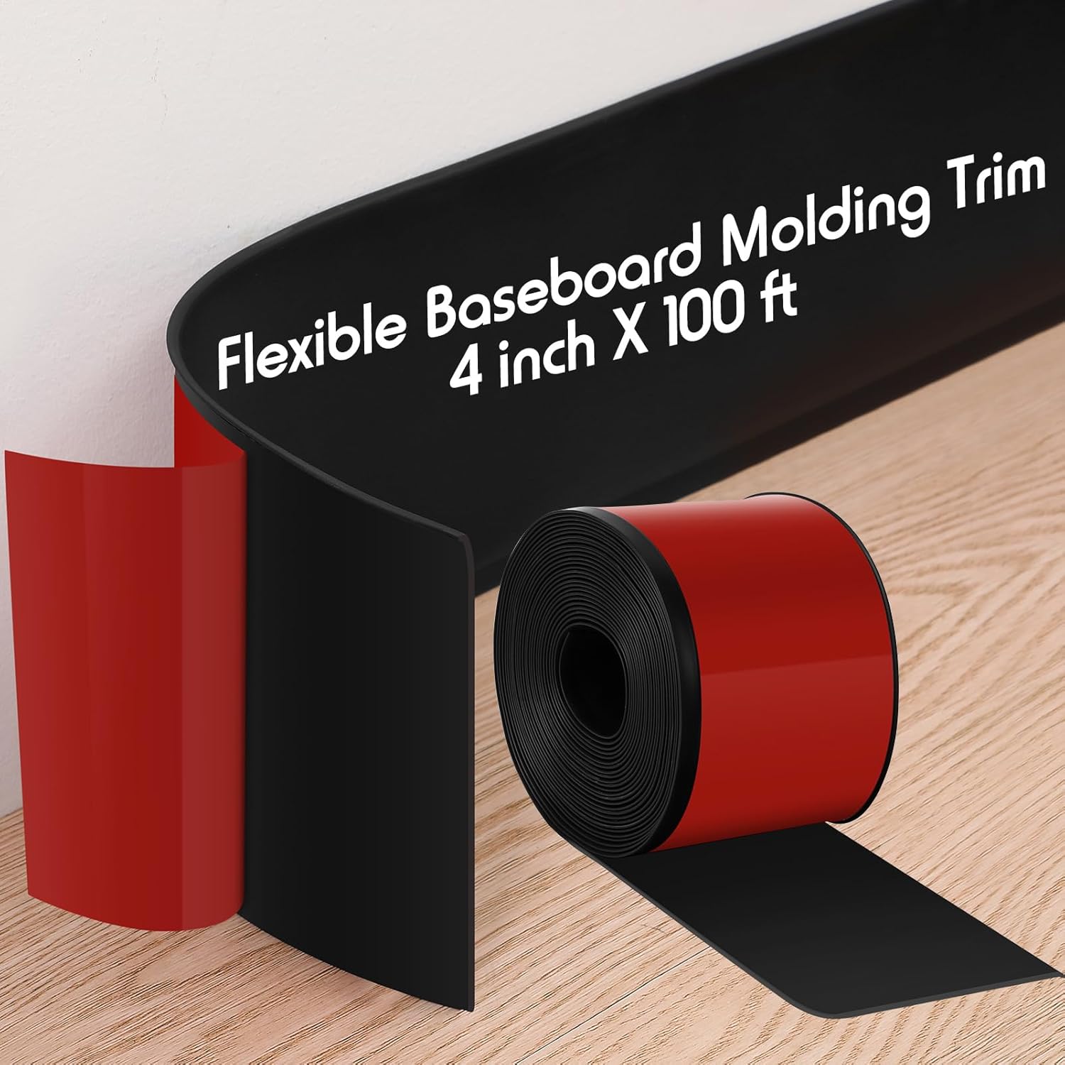 Frienda 4 Inch x 100 ft Flexible Baseboard Molding Trim Peel and Stick Vinyl Wall Base Cove Base Self Adhesive Rubber Vinyl Wall Base, Black