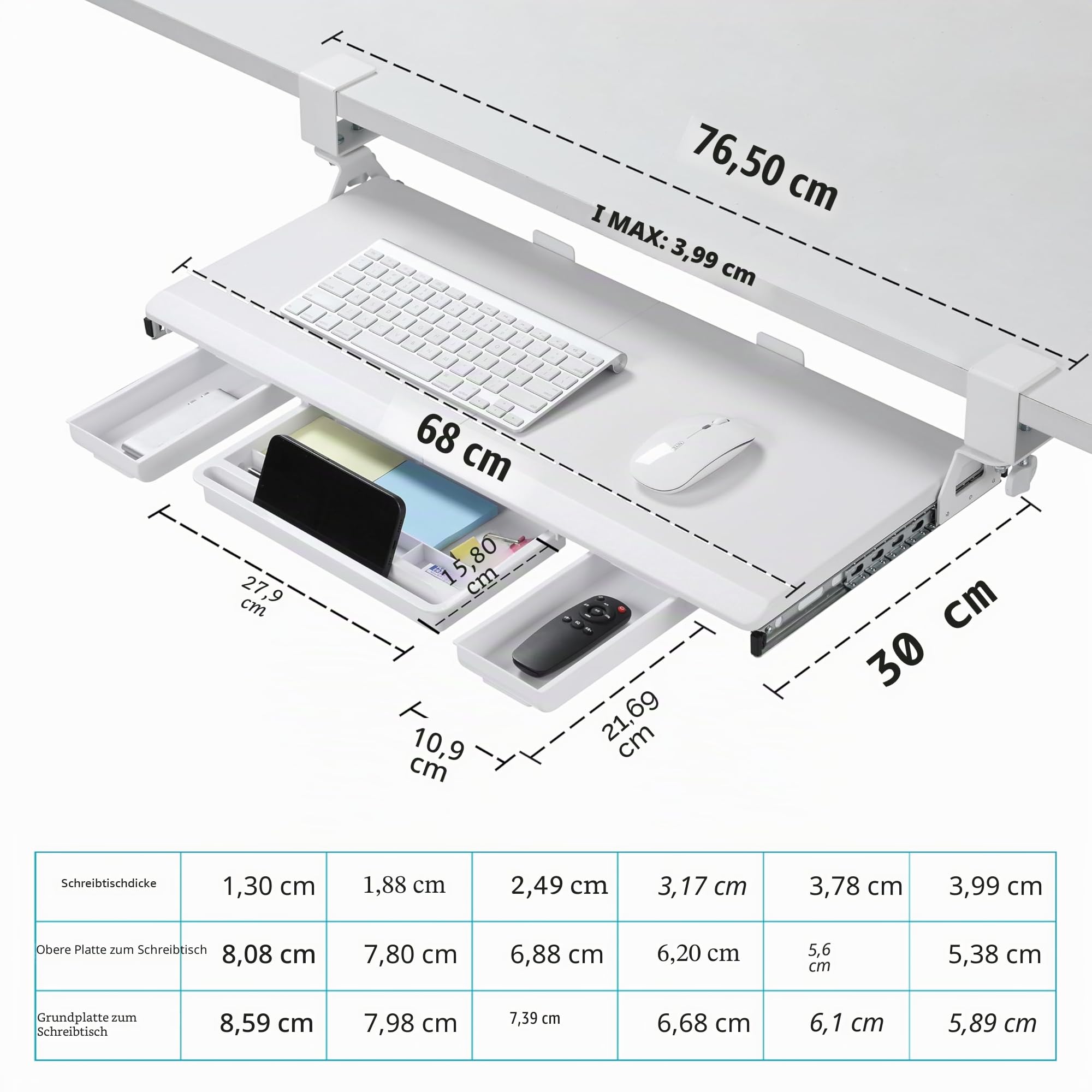 ETHU Tastaturablage unter dem Schreibtisch 680 x 300 mm, Ausziehbare Tastaturablage mit 180° Verstellbarer C-Klemme für L-förmigen Schreibtisch, Computer-Tastaturständer für Zuhause und Büro, Weiß