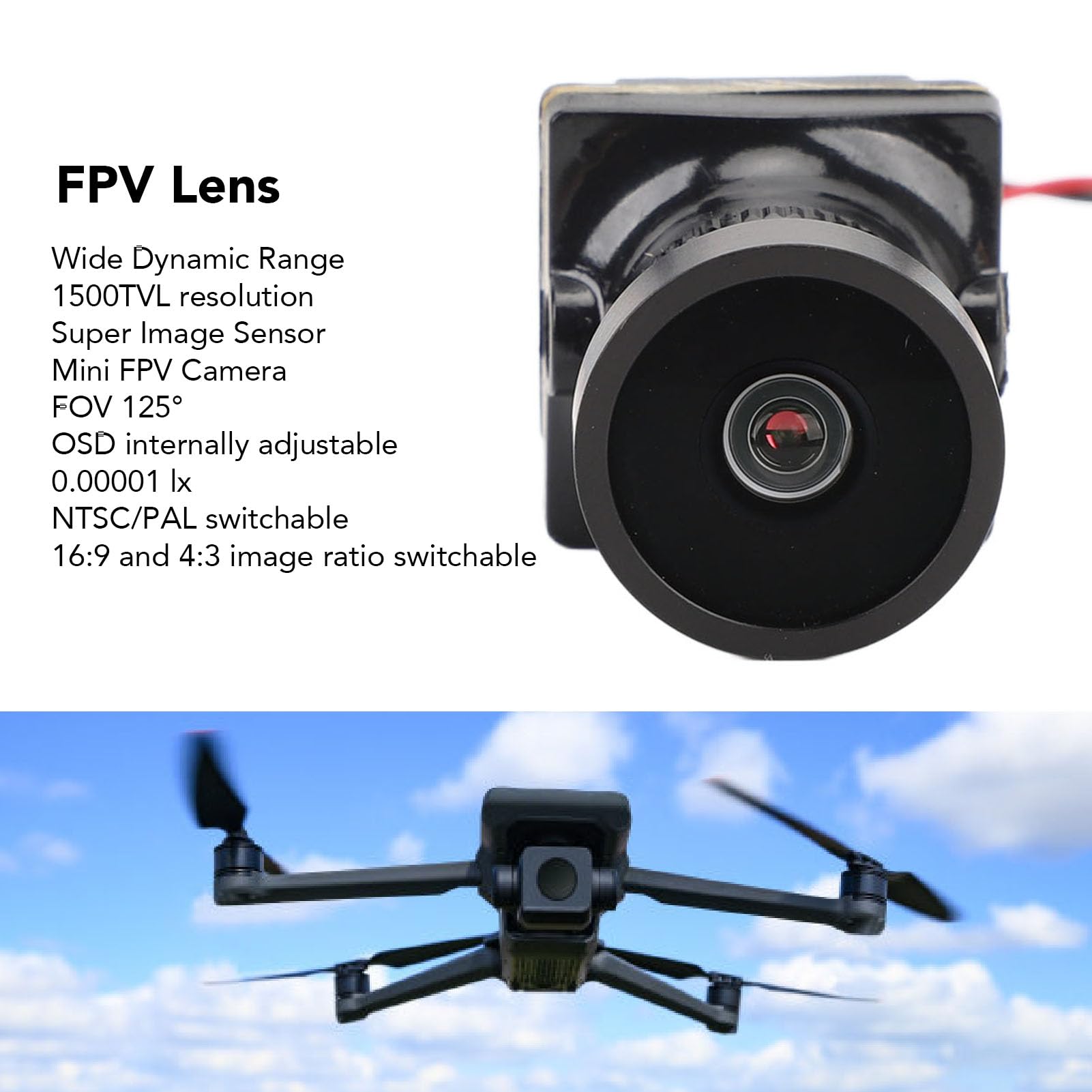 Obiettivo della telecamera per drone FPV WDR 1500TVL 2,1 mm Obiettivo grandangolare da 125 gradi Sensore Starlight Telecamera in miniatura con regolazione OSD per droni da corsa