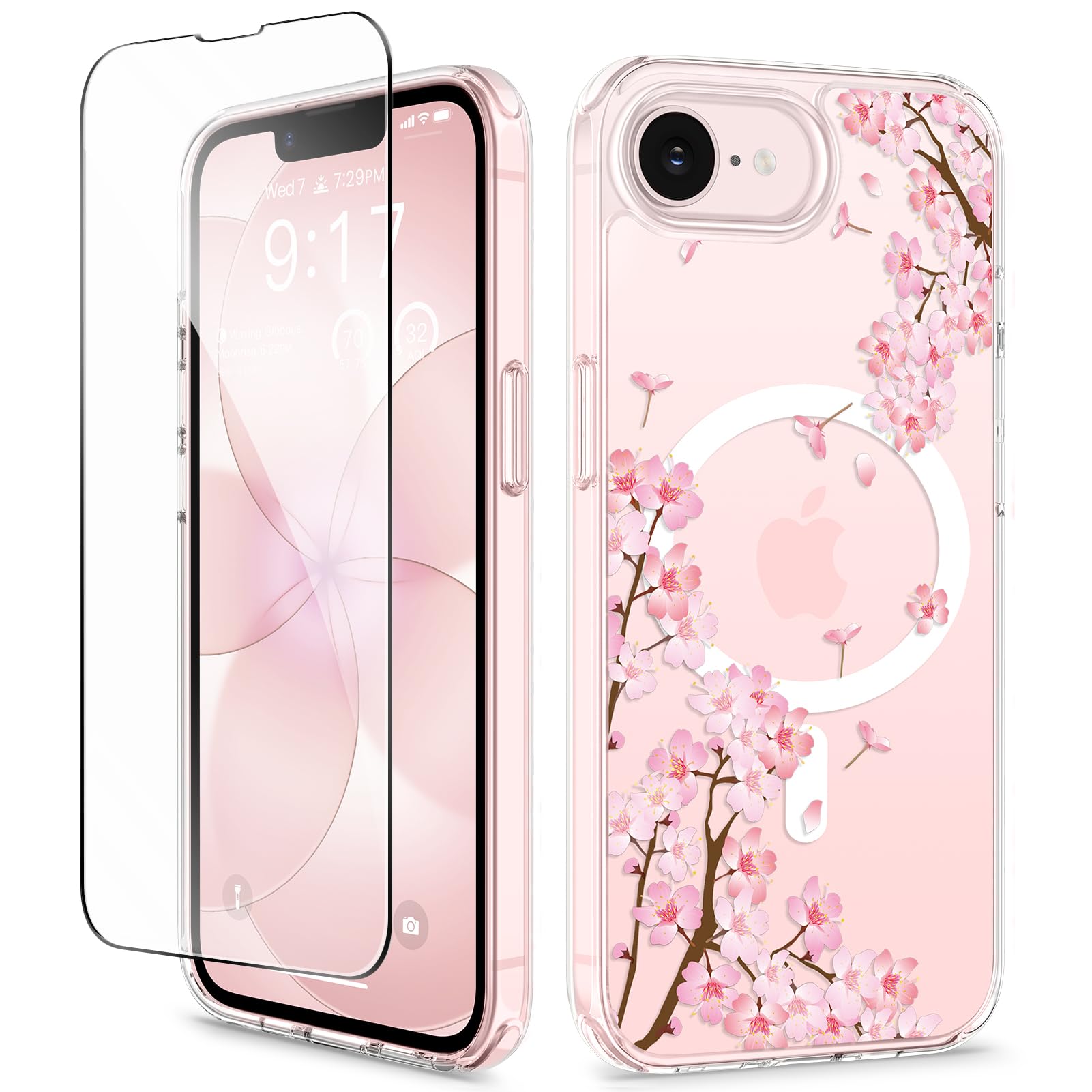GVIEWIN for iPhone 17e Case & iPhone 16e Case with Screen Protector | Non-Yellowing, Military-Grade Protection, Hard PC&TPU Bumper, Floral Protective Clear Phone Case (Mag-Sakura/Pink)