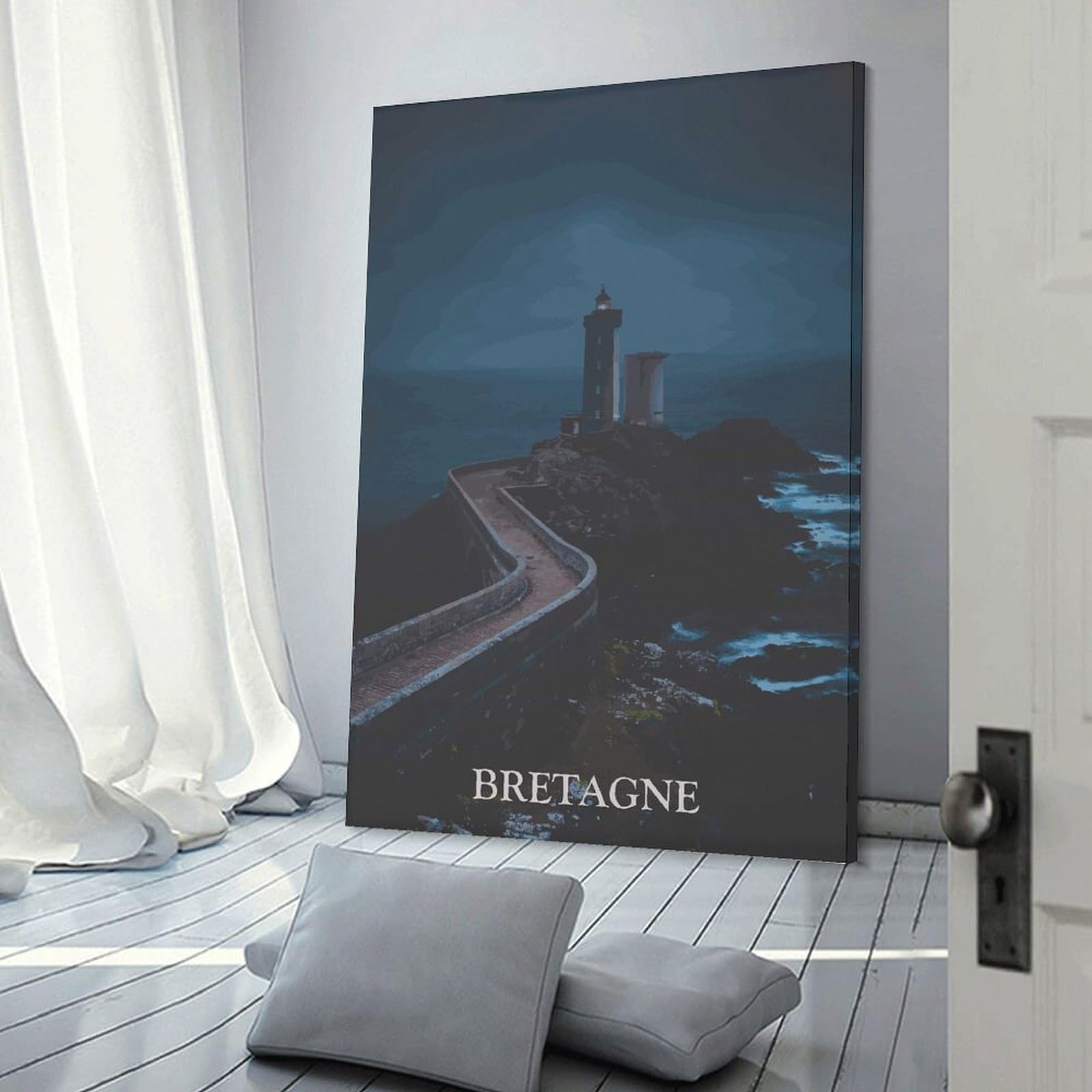 Junmoney Brittany Lighthouse at Night Canvas Wall Decor, 24x36inch(60x90cm), for Lounge Decor, Bedroom Walls Or Flats, Eye Catching Artwork for Blank Walls