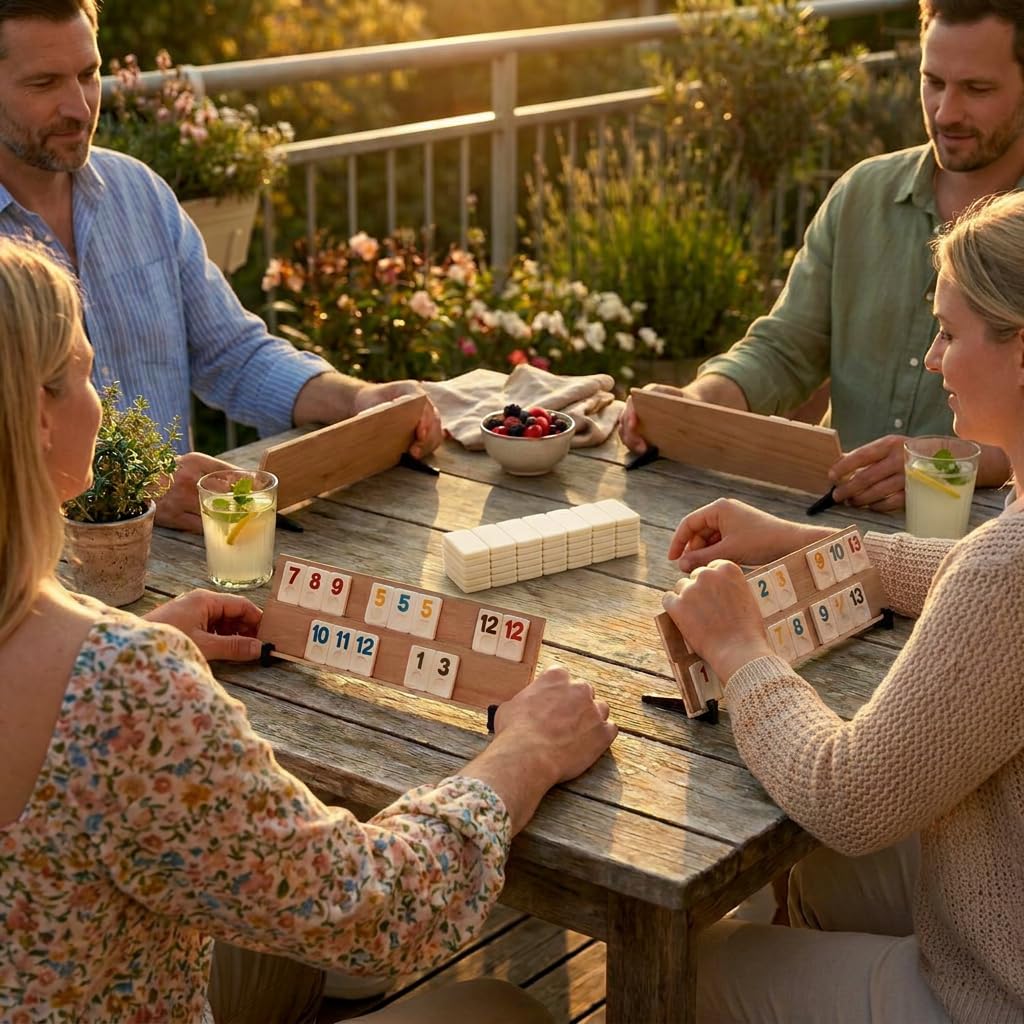 Rummy Holzspiel - Brettspiel aus massivem Buchenholz, 4 Spieler, Braun