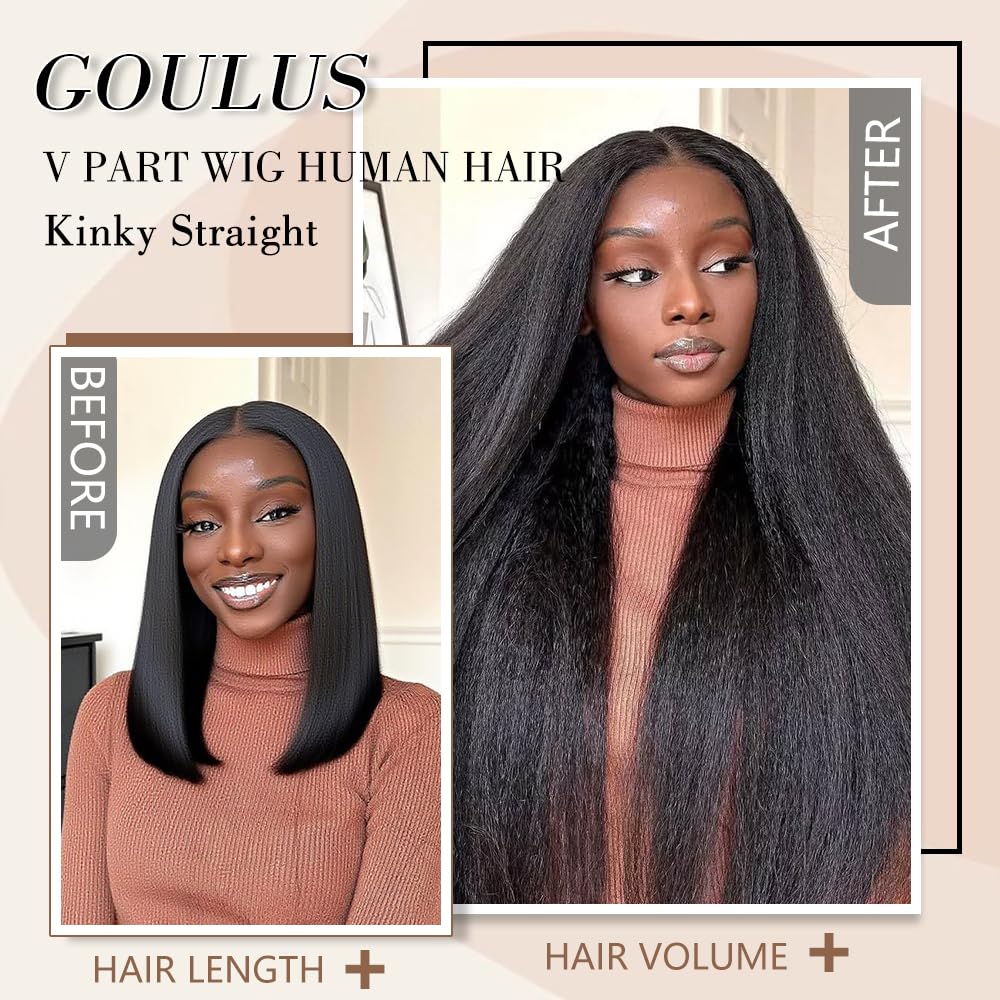 Kinky Straight V Part Wig Human Hair 18 Inch V Part Wig For Women with Drawstring 180% Density Upgrade Glueless U Part Wig No Leave Out No Sew In Kinky Straight Human Hair Wigs Natural Black - Image 5