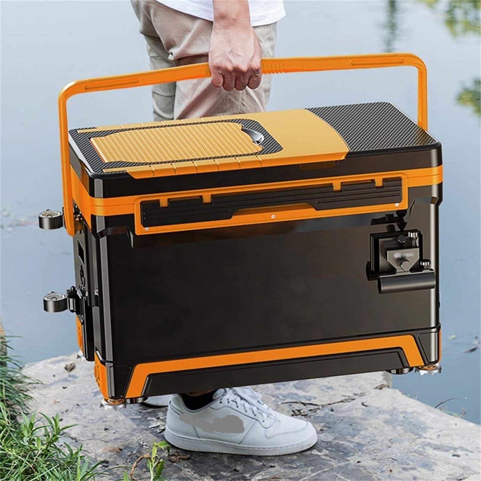 Boîte de rangement – Organiseur multifonction pour matériel de pêche avec dossier et pieds relevables pour un accès facile à la pêche et le rangement des articles et accessoires