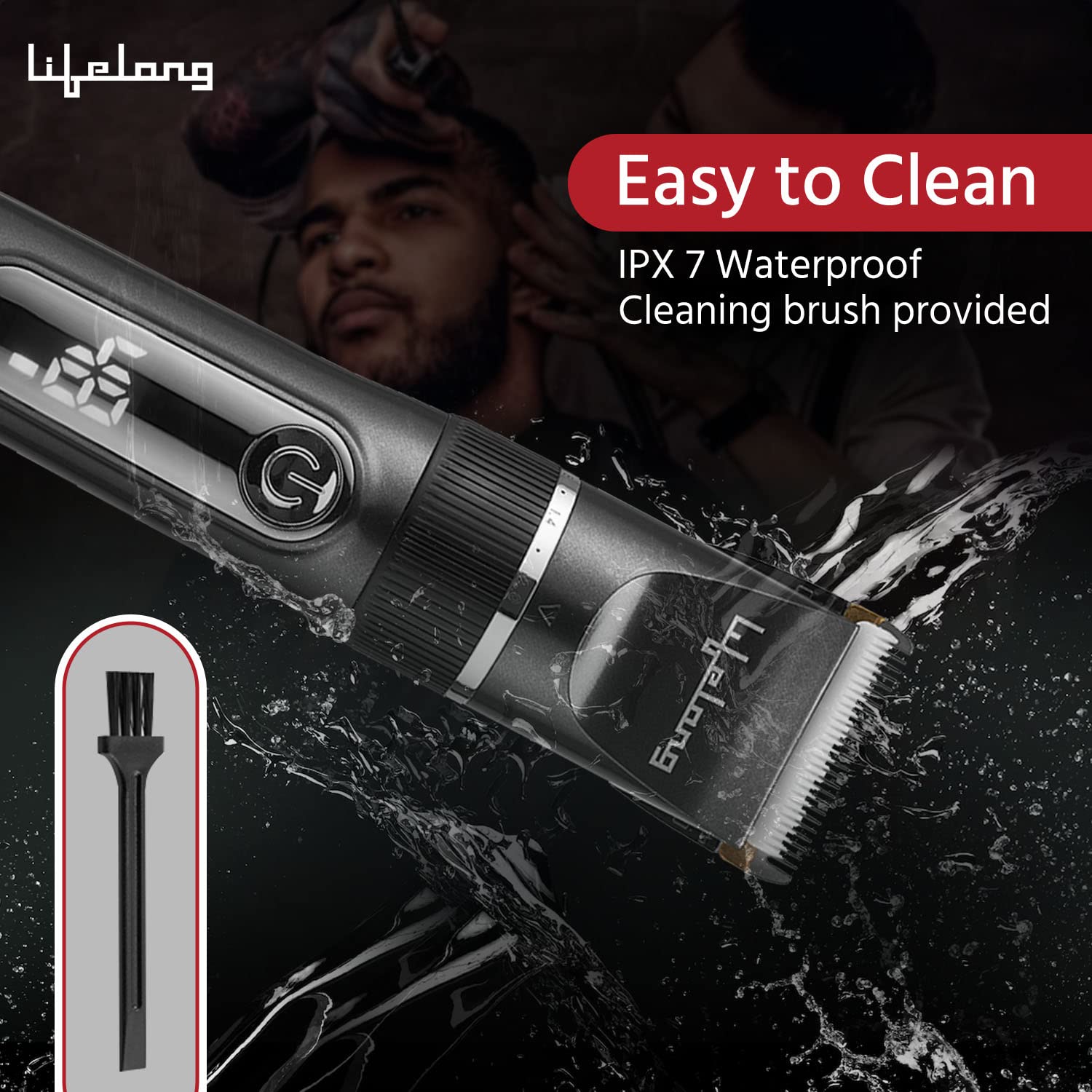 Lifelong LLPCM17 Ace Pro Hair Clipper being rinsed under water, demonstrating its IPX7 waterproof feature