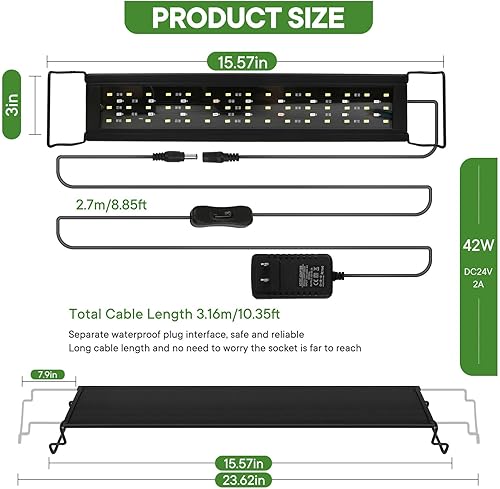Miniatura 5 de Zingbabu Aquarium Light, 20W RGB Full Spectrum Fish Tank Light, Super Slim Fish Tank Aquatic Plant Grow Lighting,16-24 in Alu Alloy Shell Extendable