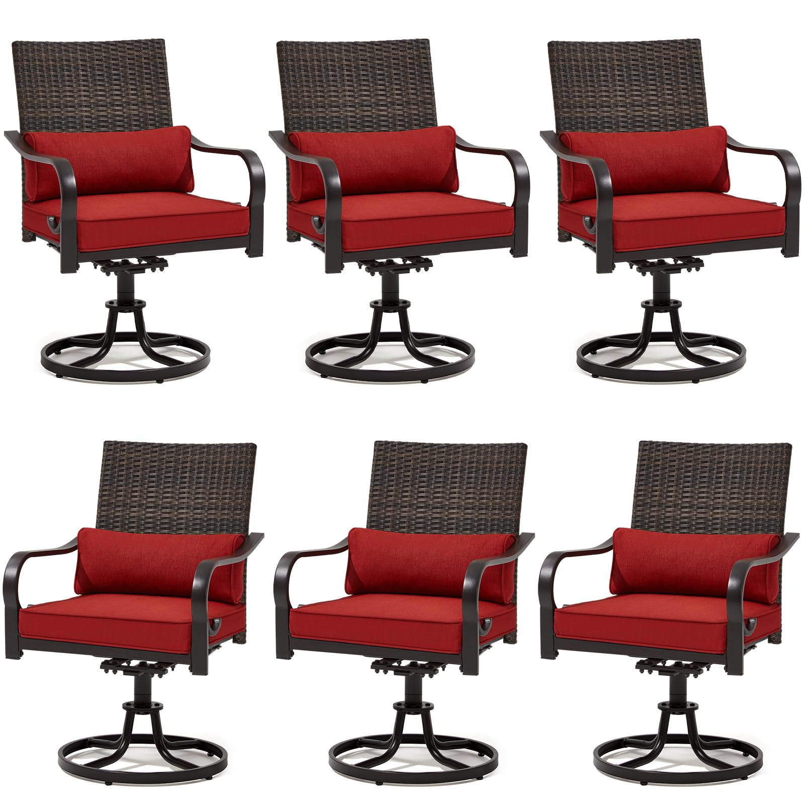 MELLCOM Patio Swivel Chair Set of 6, Outdoor Dining Chairs with Cushions & Lumbar Pillows, Wicker Chairs with Gentle Rocker for Porch, Garden,