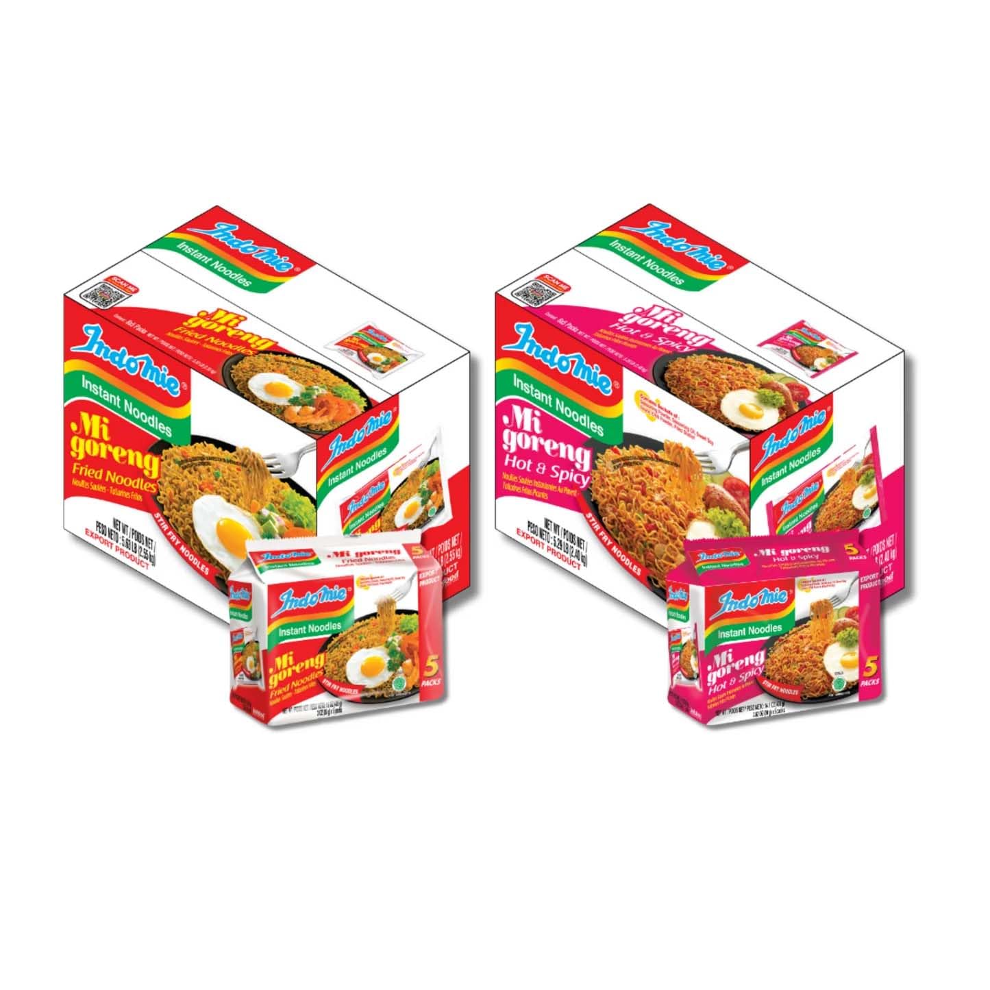 Indomie Mi Goreng Instant Noodles, Halal, 60 Pack – 30 Original + 30 Hot n Spicy Flavor, Stir Fry Style (Pack of 60)