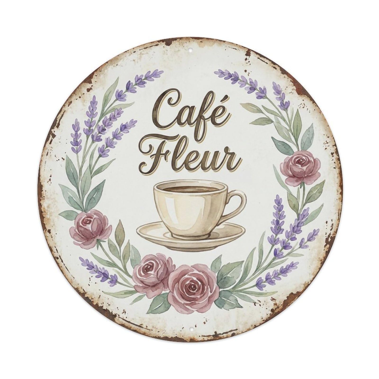 Floral Wreath Kitchen Cafe Metal Tin Sign Plaque Wall Decor for Cafe, Club, Garden Round Metal Poster 8x8Inch