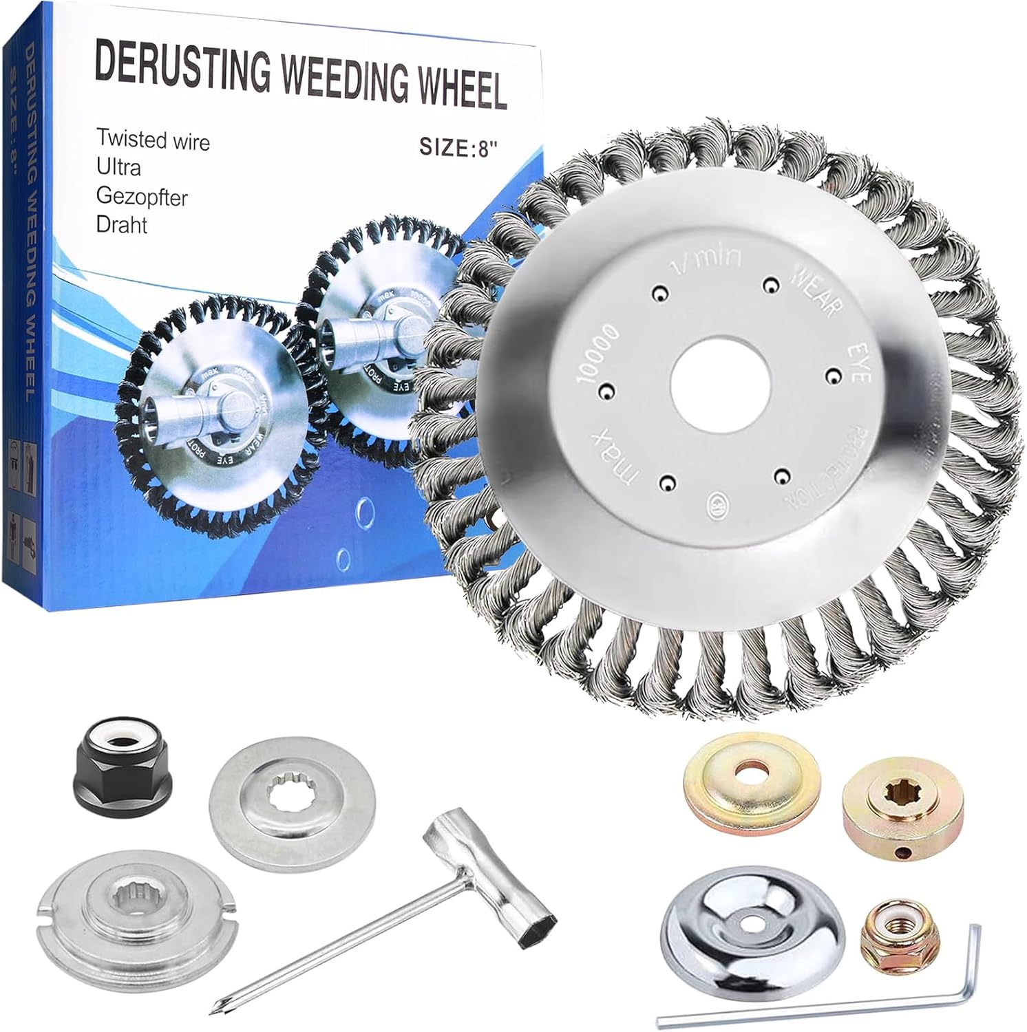 10 inch Steel Wire Weed Wheel Brush Cutter Trimmer Head, Universal Weed Eater Attachments, Unbreakable Wired Trimmer Blade Replacement with 2 Pack of Adapters kit for Weed Wacker