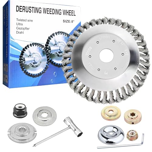 Cokacot 8 Inch Steel Wire Weed Wheel Brush Cutter Trimmer Head, Universal Weed Eater Attachments, Unbreakable Wired Trimmer Blade Replacement with 2 Pack of Adapters kit for Weed Wacker