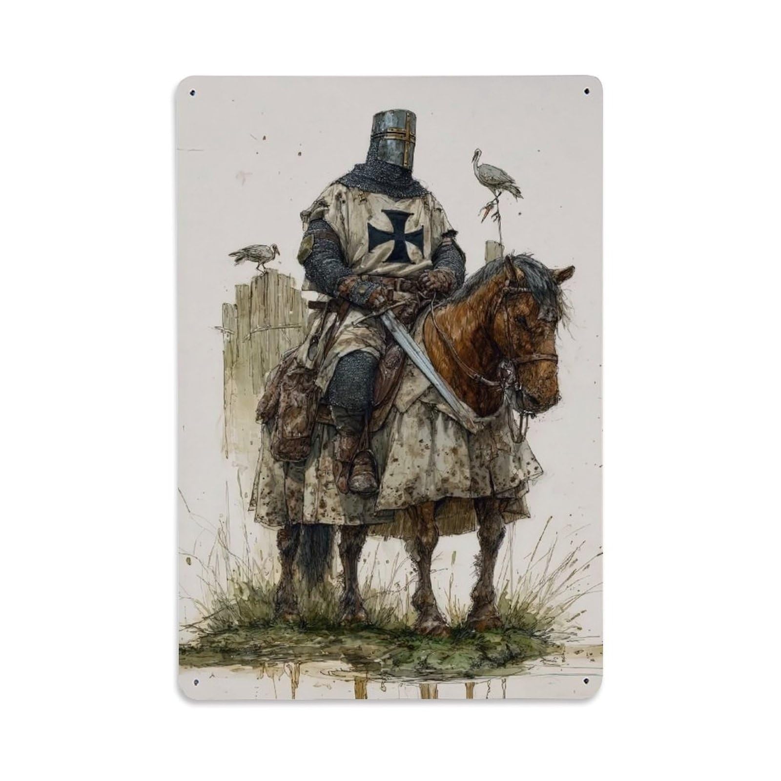 Sacred Zen Crusader Of Templar Knight Medieval Aesthetic Metal Tin Sign Plaque Wall Decor for Cafe, Man Cave, Club Bar, Office, Home Garden Round Metal Poster 8x12Inch