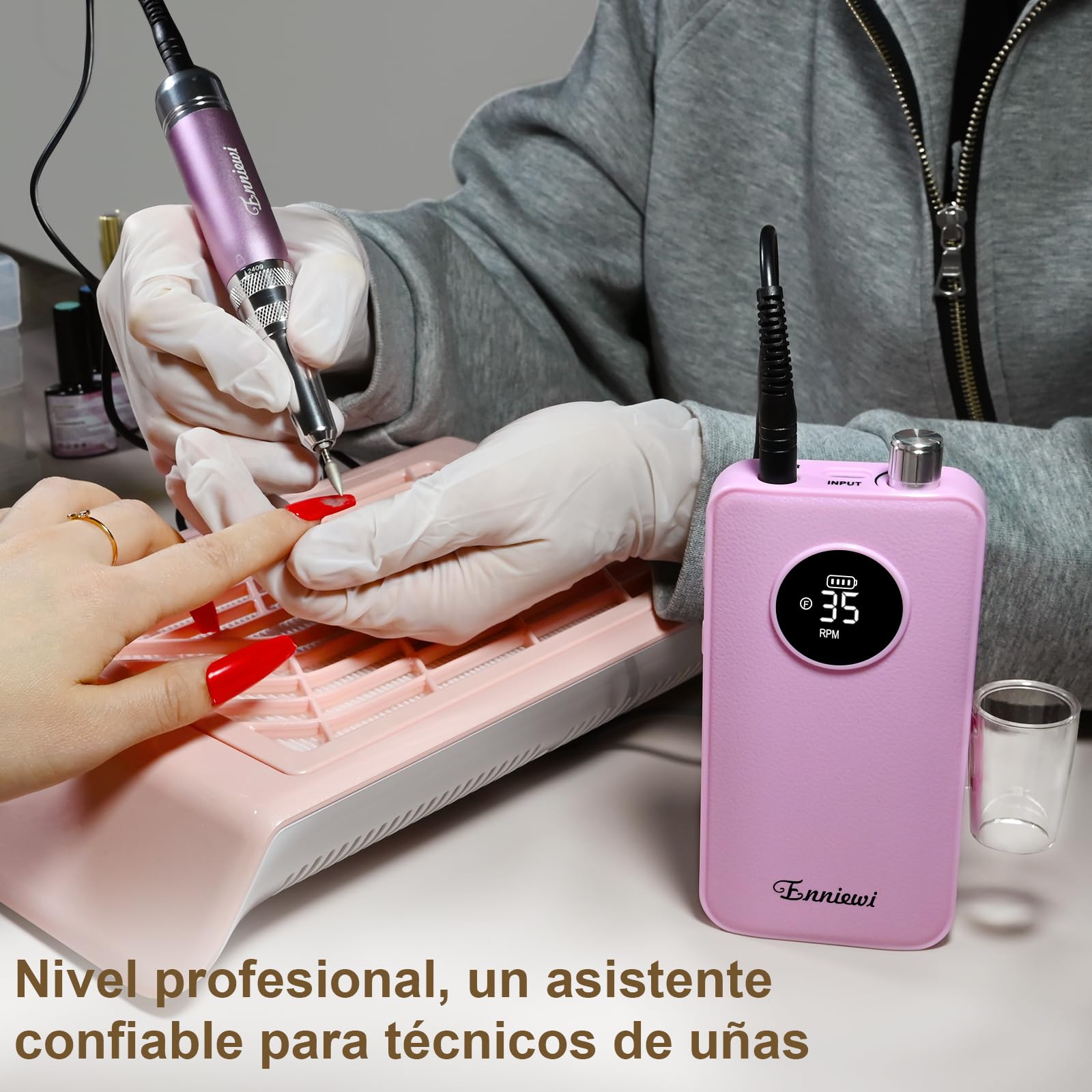 Torno para Uñas 35000RPM para Uñas de Gel, Taladro Eléctrico Recargable con Pantalla LED, Portátil, Bajo Ruido, Kit Profesional para Manicura y Pedicura para Hogar y Salón, 48W, Rosa