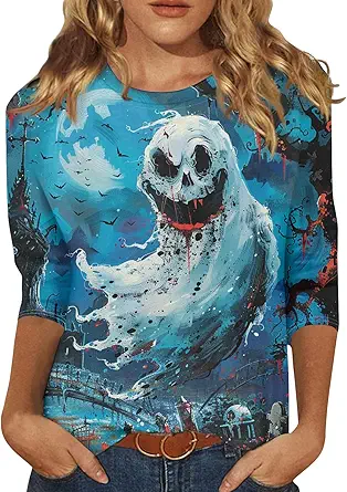 Halloween Shirts for Women 3/4 Sleeve Plus Size Crewneck Loose Fit Cute T Shirt Halloween Costumes for Women 2025
