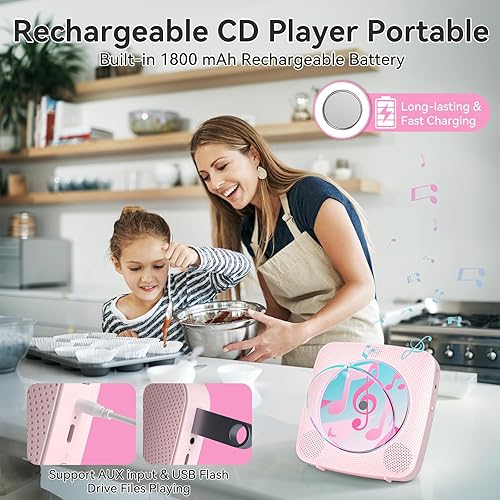 Miniatura 6 de Reproductor de CD portátil Bluetooth recargable reproductores de CD para el hogar Kegaudio 1800mAh reproductor de CD de pared de escritorio con