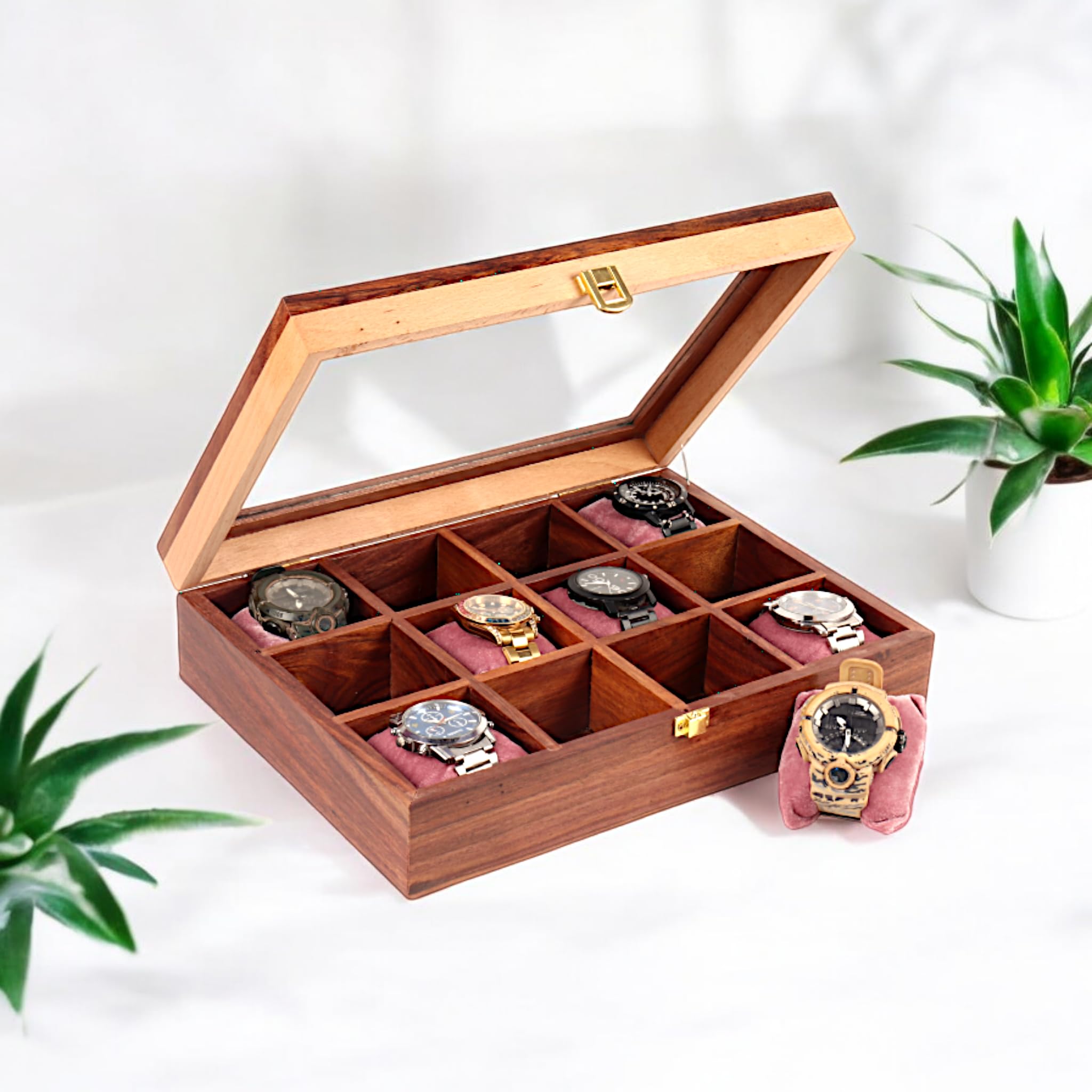 Union Artition Arts Wooden Watch Display Case,Watch Storage Organizer, Table Top Jewelry Box with 12 Slots, Brown Watch Box, Jewelry Holder, Gift for Men & Women - Rosewood Crafted with Glass Lid (B0D9GSZX2W) Amazon Price History, Amazon Price Tracker