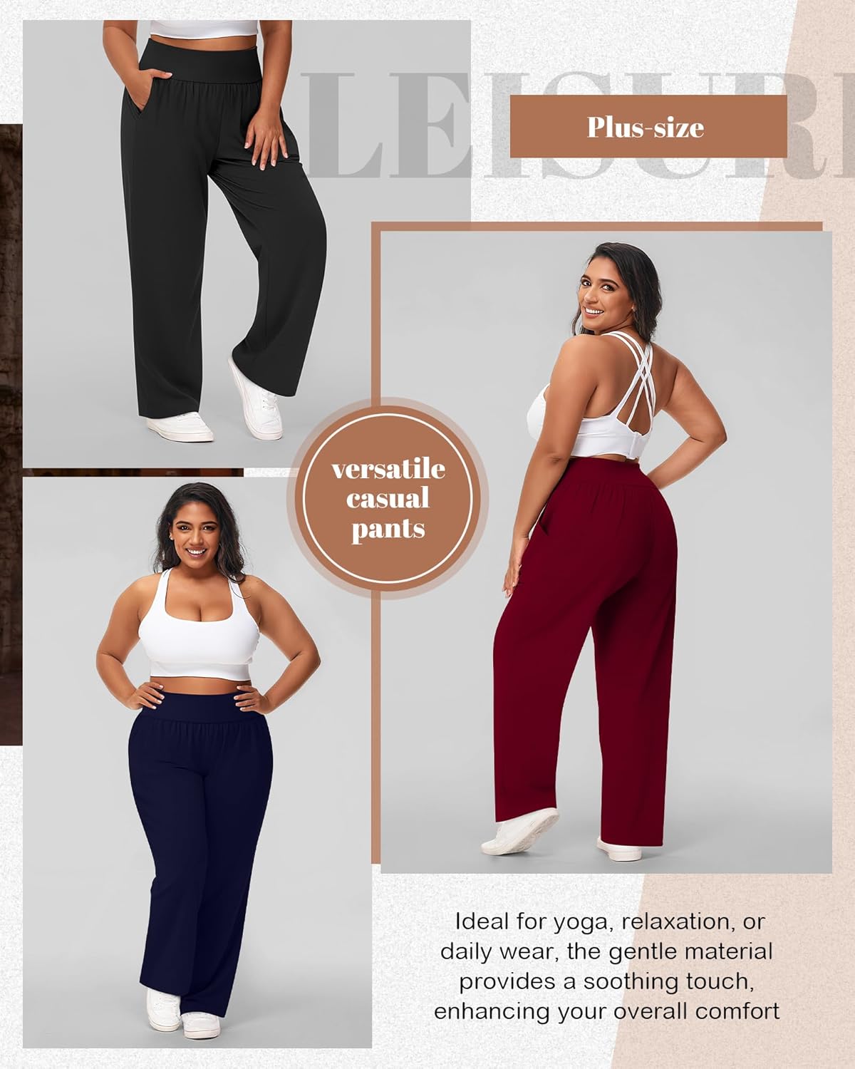 Neer 3 Pack Women Plus Size Wide Leg Yoga Pants High Waist Sweatpants Plus Size Palazzo Pants Lounge with Pockets - Image 6