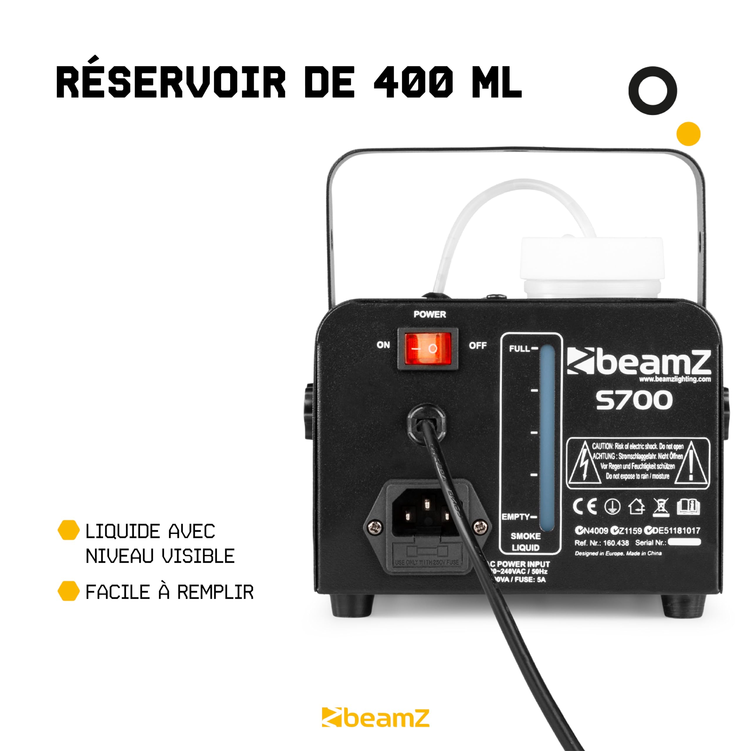 BeamZ S700 Machine à Fumée Solide et Compacte, 700 Watts, Télécommande 3 m, Réservoir 0.4 L, Préchauffe Avant Utilisation : 3 minutes, Idéal pour votre Soirée avec des Jeux de Lumière