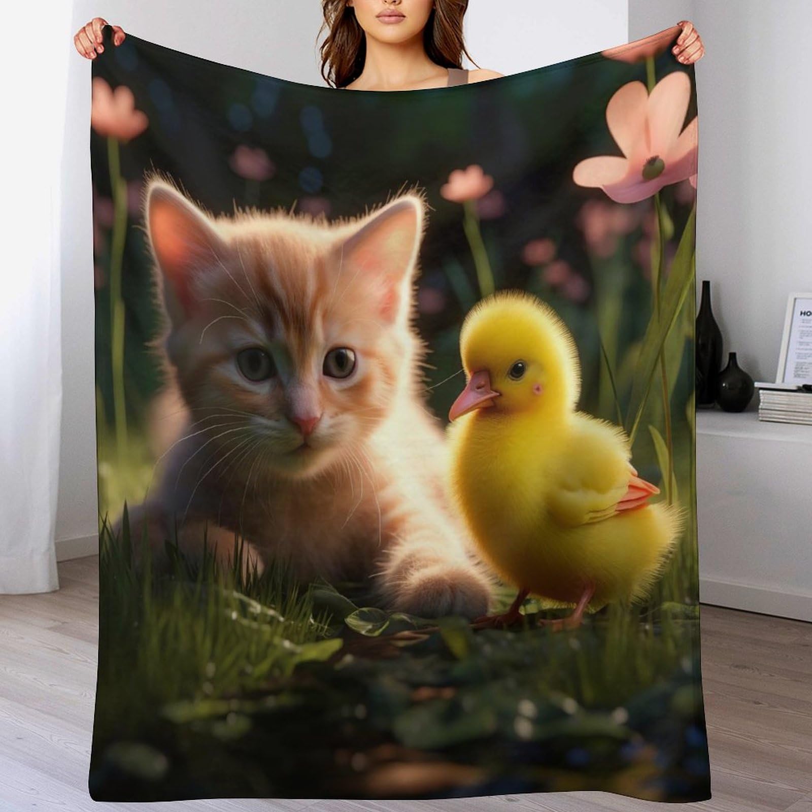 Couverture de salon chat mignon en flanelle douce pour grand lit de 180x200cm