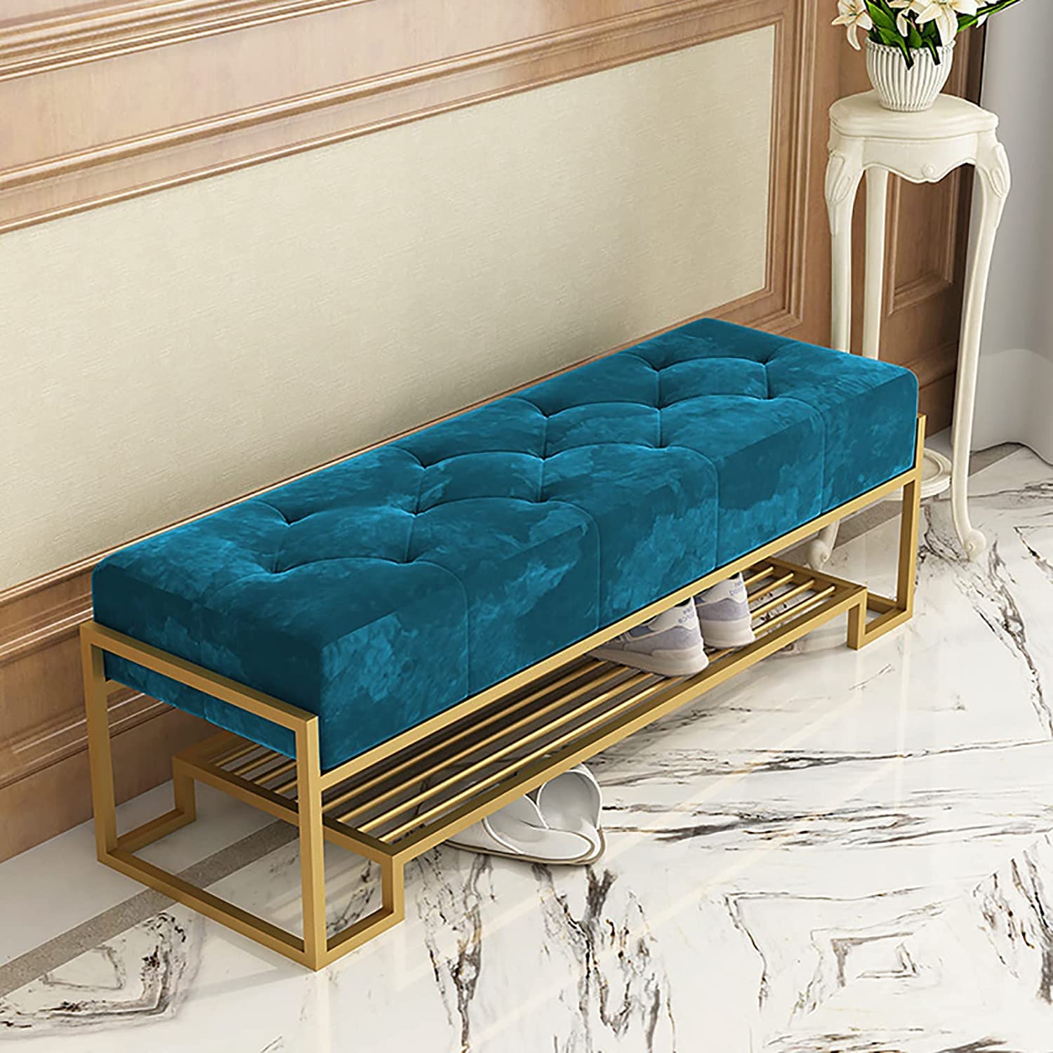 Banc de rangement moderne en tissu capitonné haut de gamme pour l'entrée