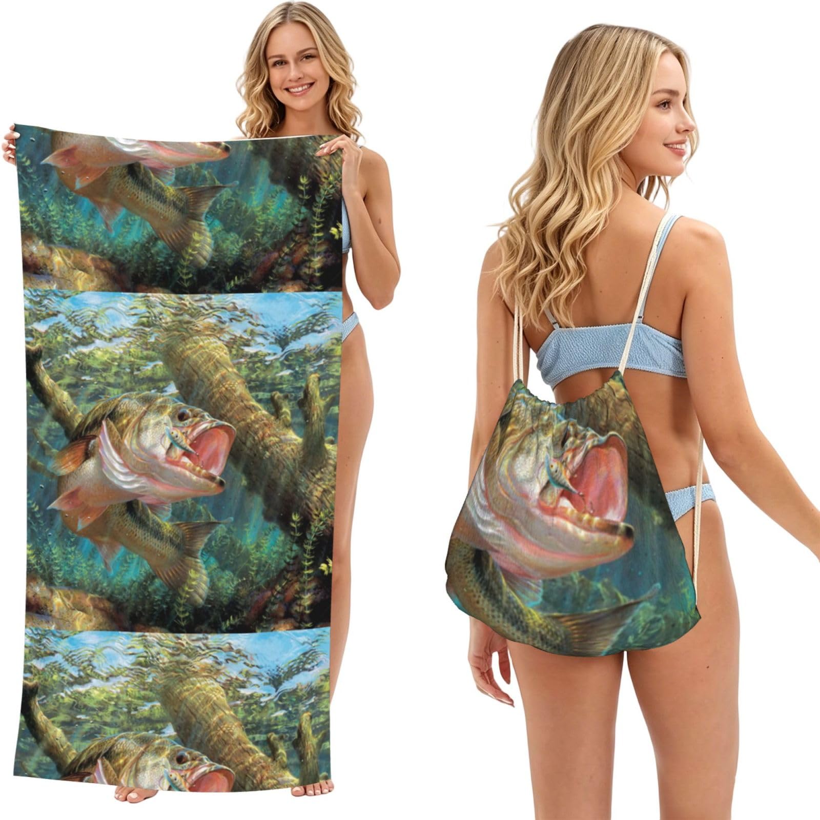 Poadnly Bass Fish Jumping Hook, 2 in 1 Packable Towel Bag, Beach Towels with Drawstring Backpack for Travel Holiday Camping