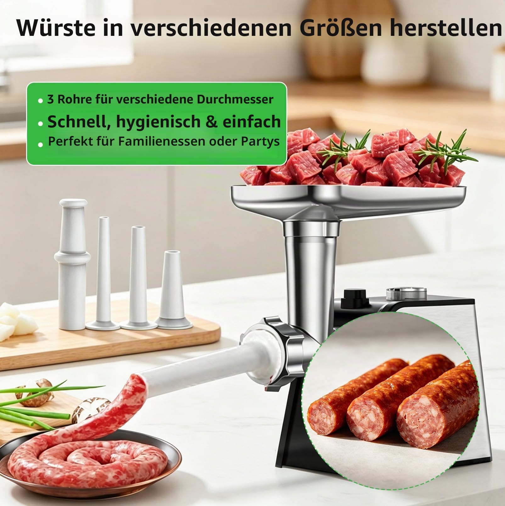 Elektrischer Fleischwolf 3 in 1 mit Wurstfüller,3200W Fleischwolf Edelstahl | Wurstmacher mit 3 Wurstfüllrohren, 3 Hackplatten, 2 Klingen, Fleischbällchenformer für Rind, Schwein, Huhn