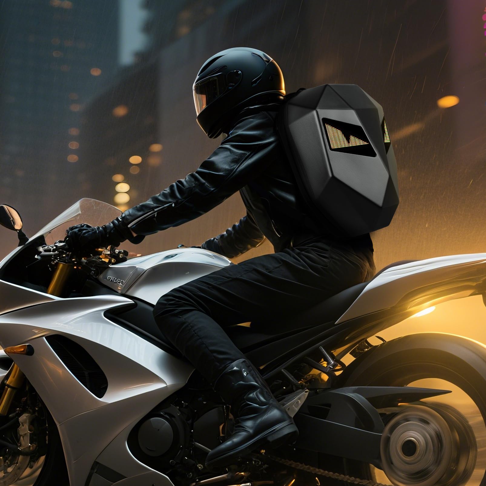 Sac à dos LED pour motard homme, Sac à dos de moto étanche avec ordinateur portable, Affichage couleur complet et yeux programmables DIY,Noir