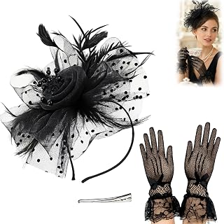 花と羽のファシネーターハット - ヴィンテージスタイルの花柄ヘッドピース、チュールベール、ビーズのアクセント、ヘッドバンドとヘアクリップ、結婚式、ティーパーティー、ダービーレースデー、教会行事用