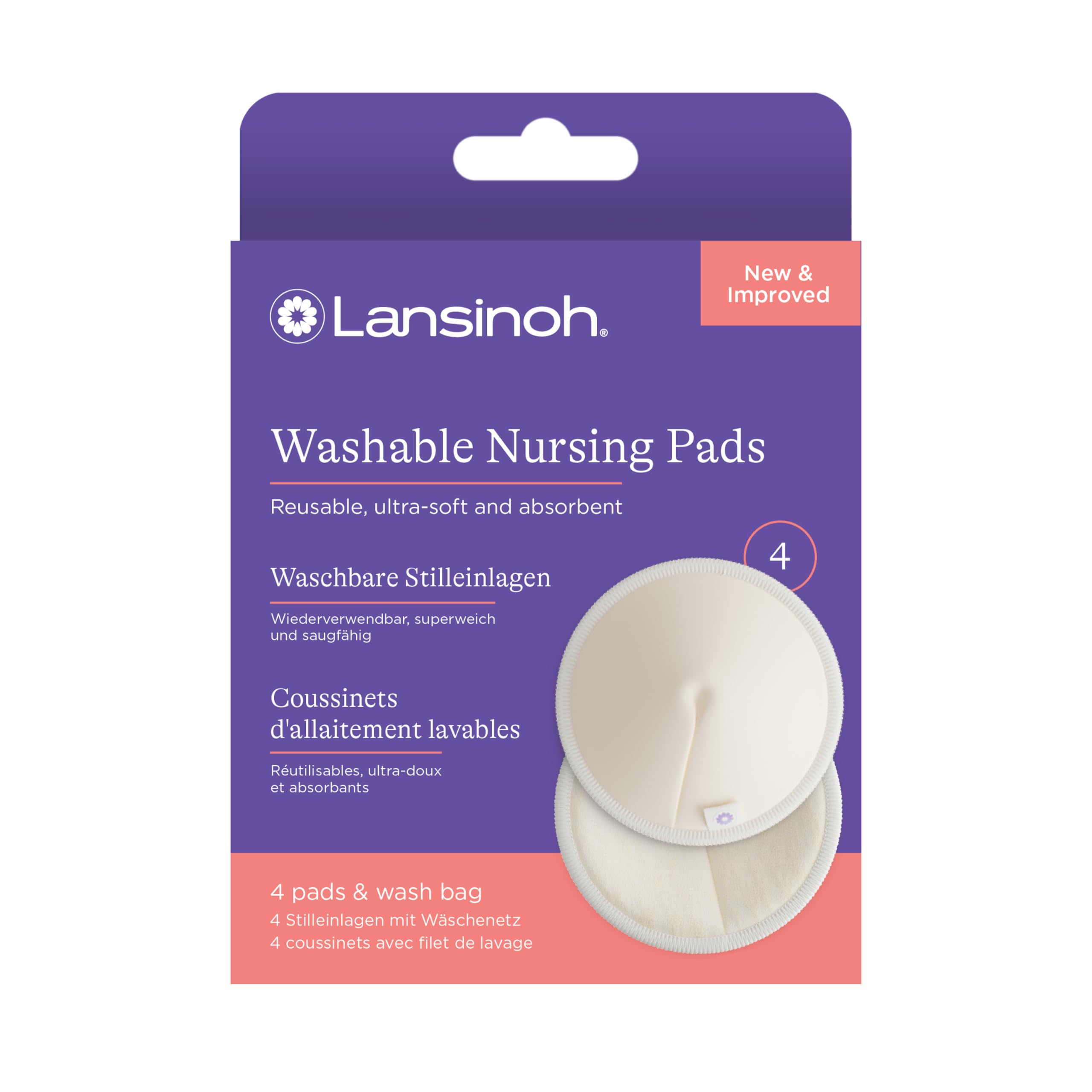 Lansinoh - Coussinets d’Allaitement Lavables x4 - Bambou Doux & Respirant - Absorption Microfibre + Barrière Imperméable - Confort Anti-Fuites - Réutilisables, Éco-responsables - Jour & Nuit