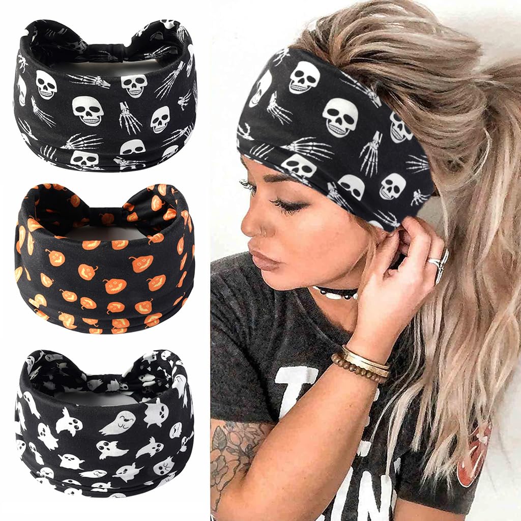 maycreate 3pcs Hair Bands for Women, Halloween Head Band Headband for Women Girls, Gothic Punk Stretchy Hairband, Wide Ghost Skull Printed Bandana Hair Band-picture-40