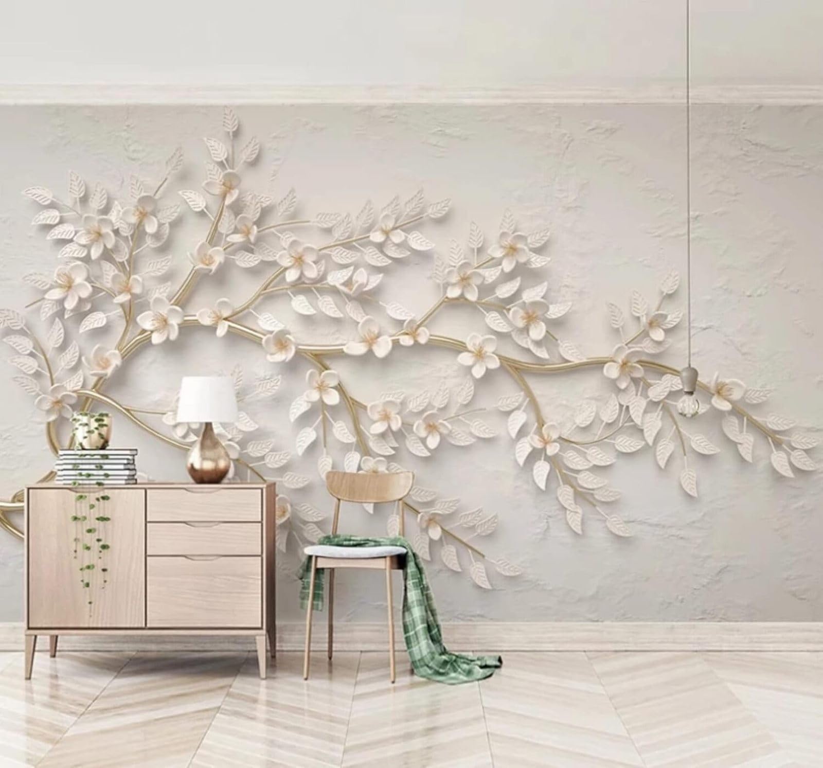 XLMING Relief Gold Branches White Flowers 3D Wallpaper Luxury Silk Study Dining Feature Sofa Grey Bedroom Living Room Tv Decorative Wall-400cm×280cm