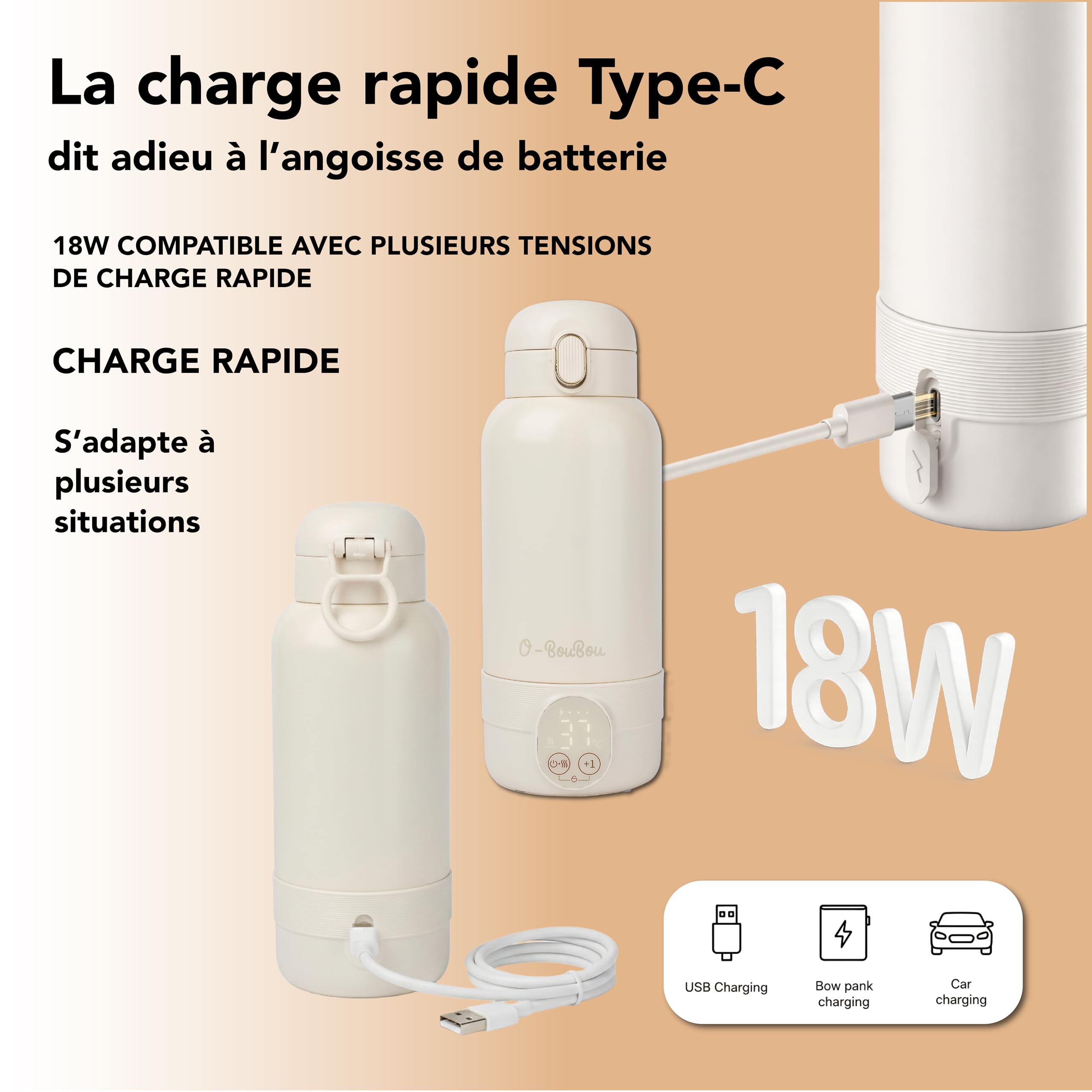 Scaldabiberon Portatile – Scalda Biberon Neonato – Capacità 500 ml – Latte Materno e Acqua – Acciaio Inossidabile – per la Notte, le Gite e i Viaggi – Riscaldamento Rapido – Batteria a Lunga Durata
