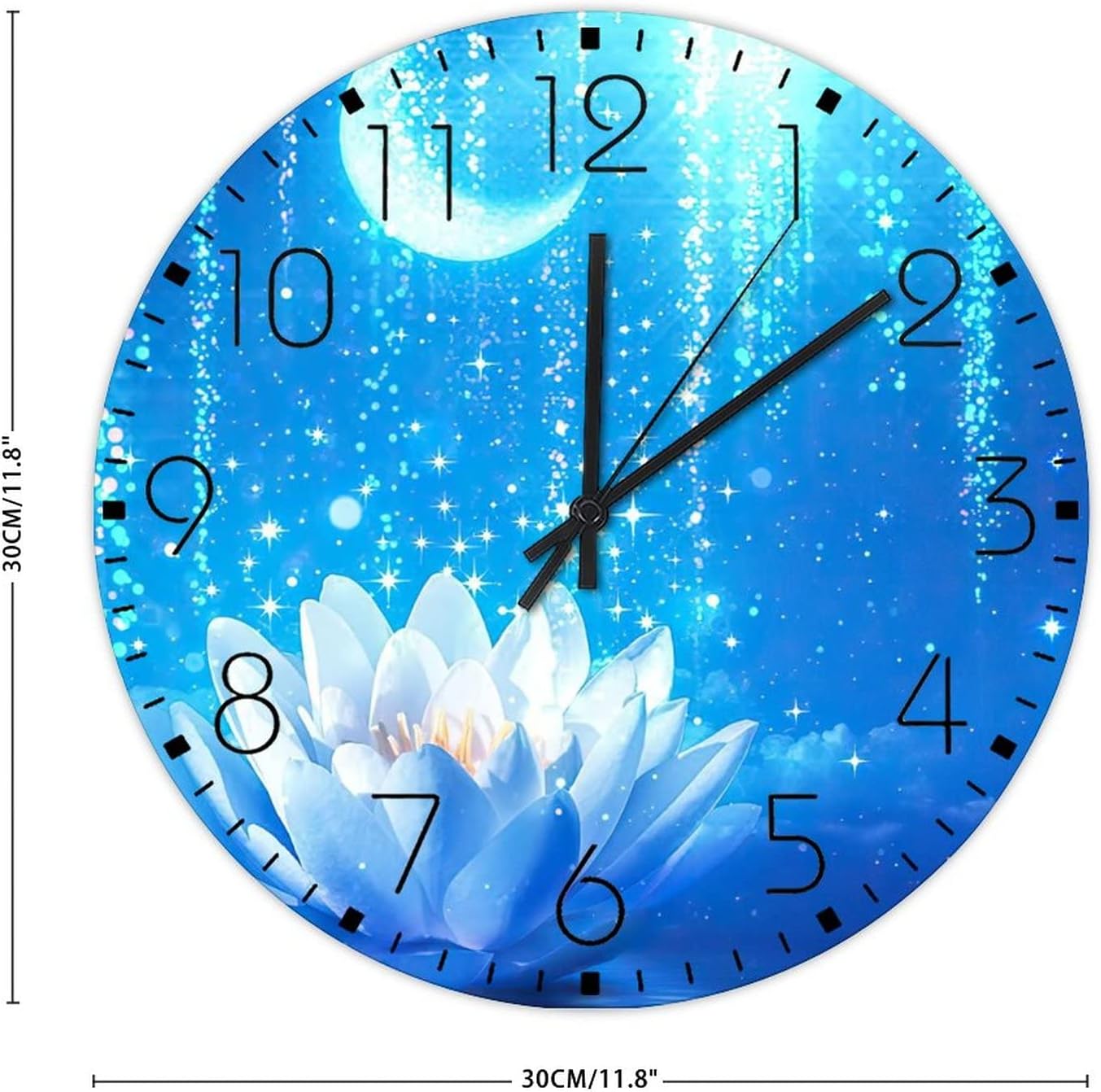 12" Silent Non-Ticking Wall Clocks Battery Operated White Lotus' Flower Blue Wooden Wall Decor for Office Spiritual Meditation Floral Relax Rustic Round Wooden Wall Clock Country for Art Room Restroom