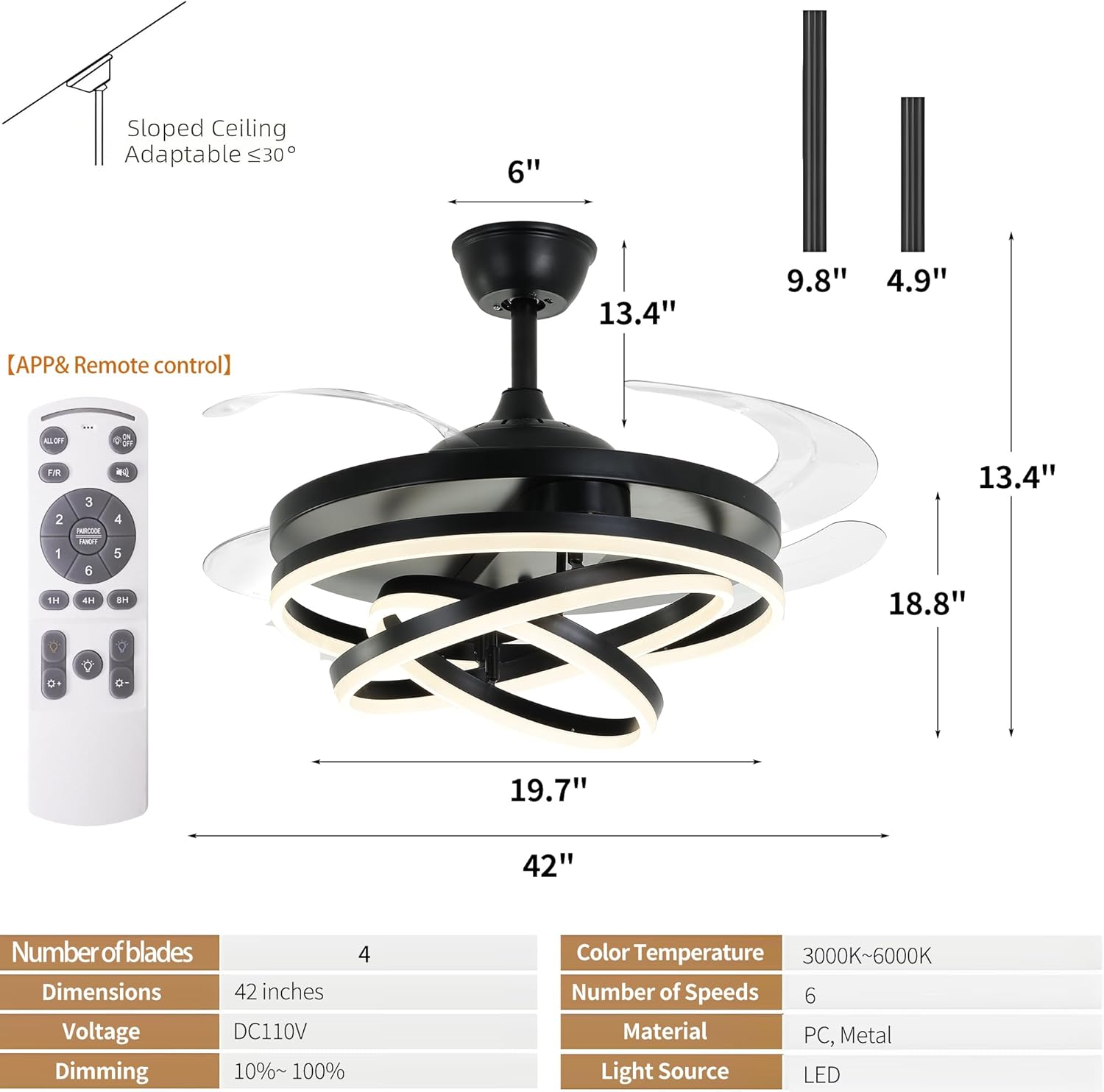 Retractable Ceiling Fan, 42 Inch Chandelier Ceiling Fans with Light, Modern Fandelier Ceiling Fan for Bedroom Living Room Dinning Room, Reverse Motor, 3 Color Temperature, 6 Wind Speed-Black