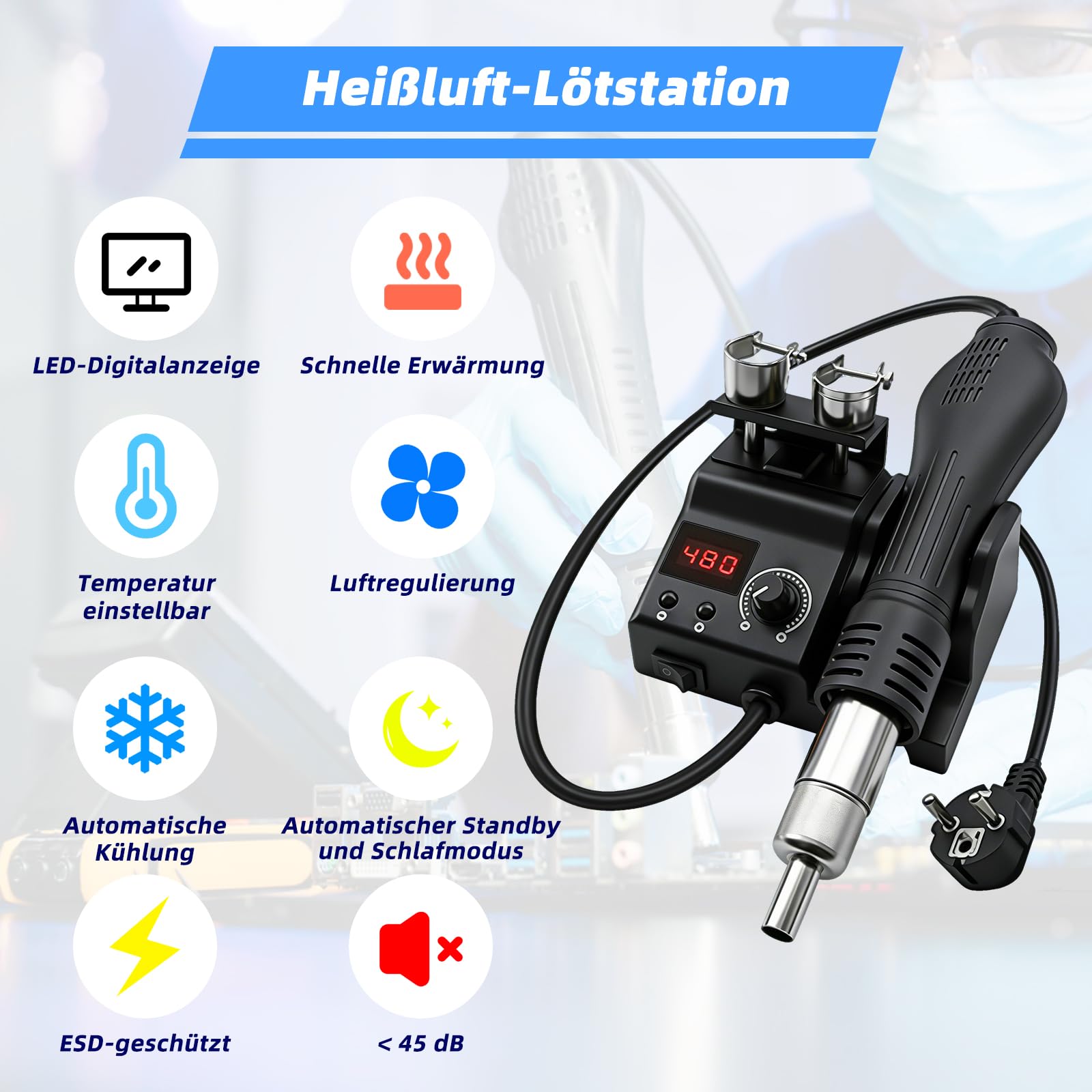 Stazione di saldatura ad aria calda 8858, stazione dissaldante 700 W con indicatore digitale LED 100 – 480 °C, stazione di saldatura ad aria calda con 3 bocchini, saldatura SMD e dissaldatura per BGA